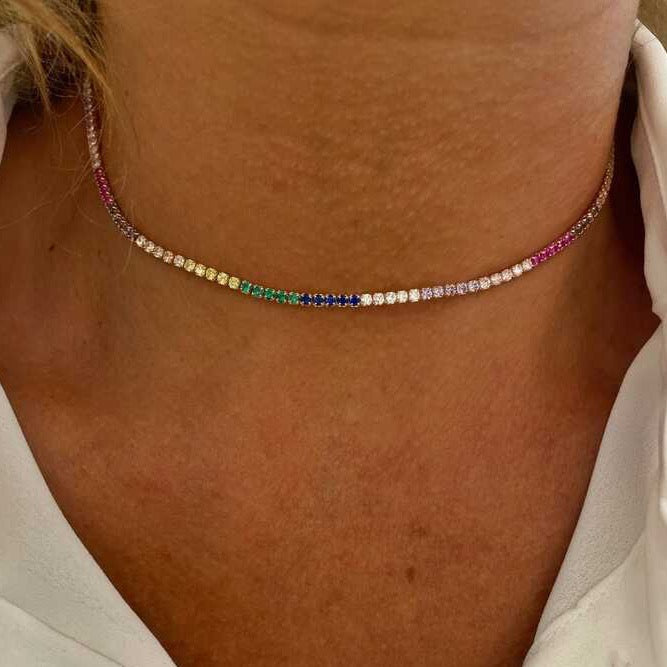Rainbow Colourful Sterling Silver Tennis Necklace