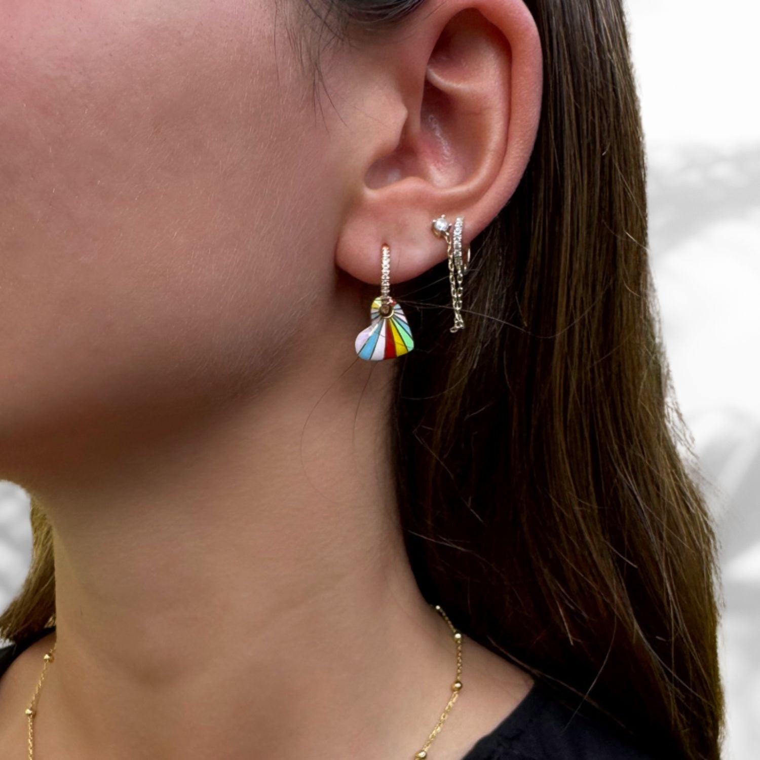 Rainbow Enamel Heart Gold & Diamond Hoop Earrings - Colorful