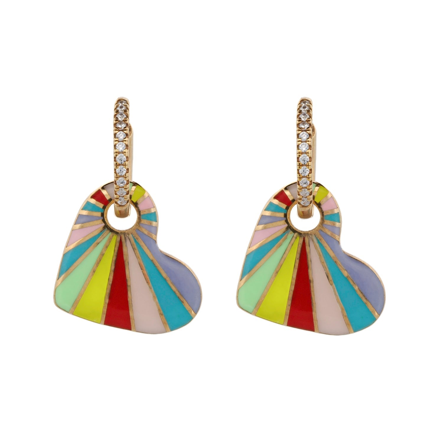 Rainbow Enamel Heart Gold & Diamond Hoop Earrings - Colorful