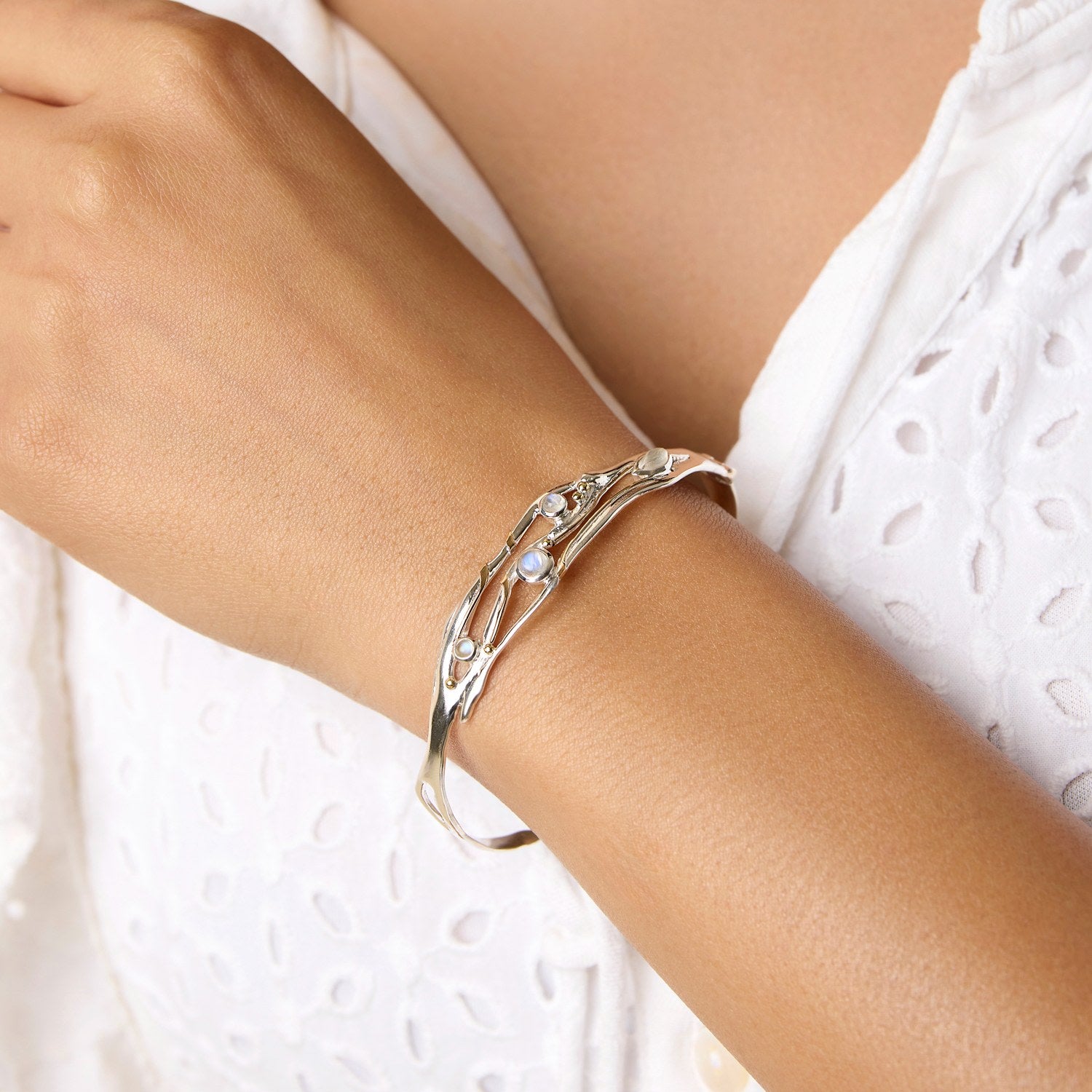 Rainbow Moonstone Silver Bangle