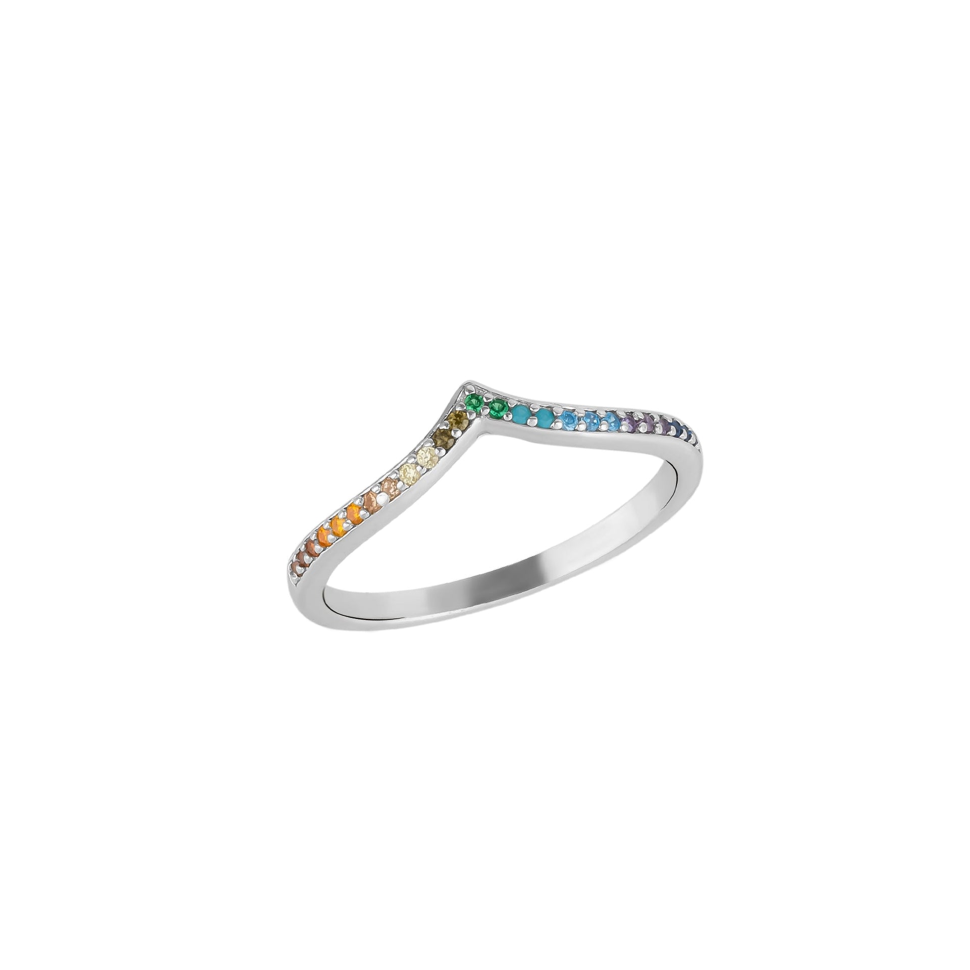 Rainbow Multicolour Gems Wishbone Ring Sterling Silver
