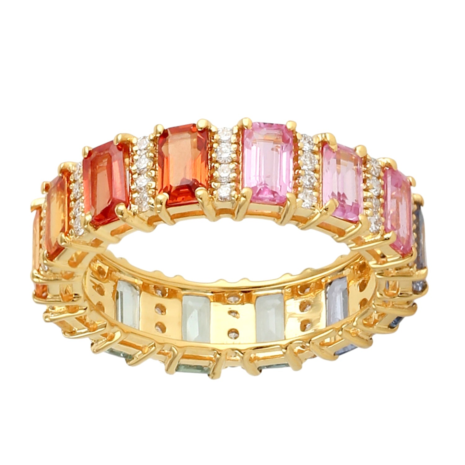 Rainbow Sapphire & Diamond Bar Set Eternity Band Ring In 18Kt Yellow Gold
