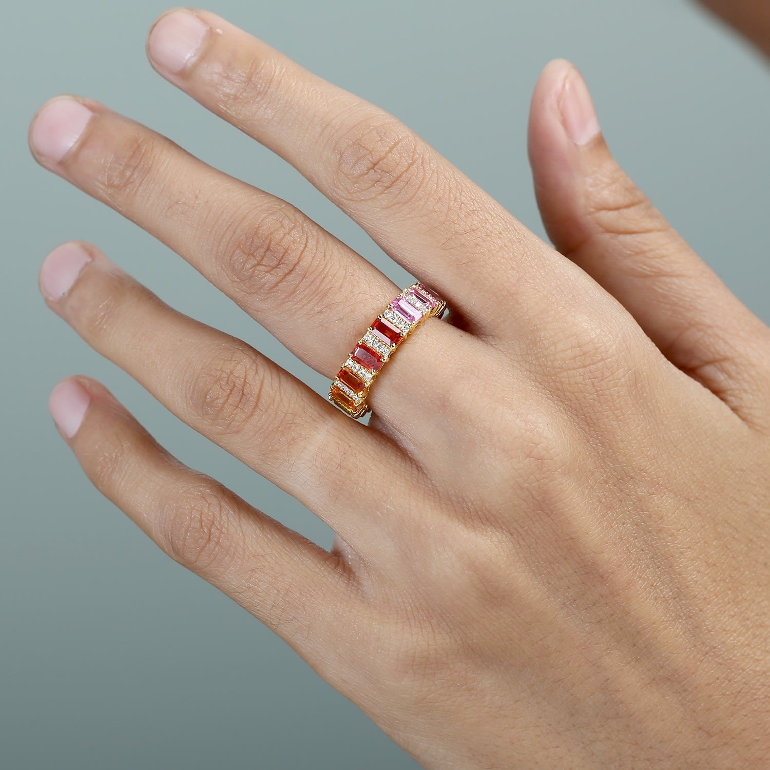 Rainbow Sapphire & Diamond Bar Set Eternity Band Ring In 18Kt Yellow Gold