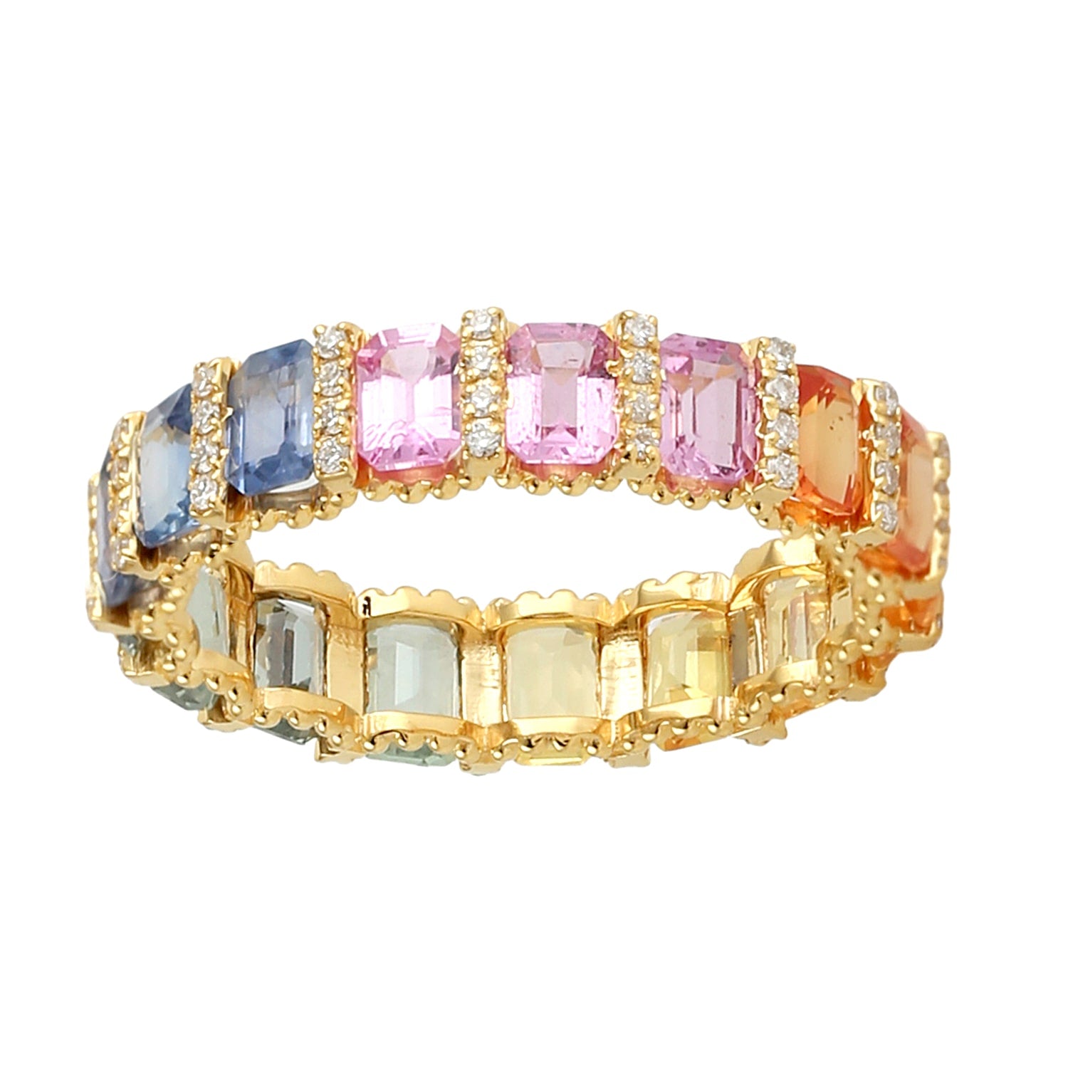 Rainbow Sapphire & Diamond Eternity Band Ring In 18Kt Yellow Gold