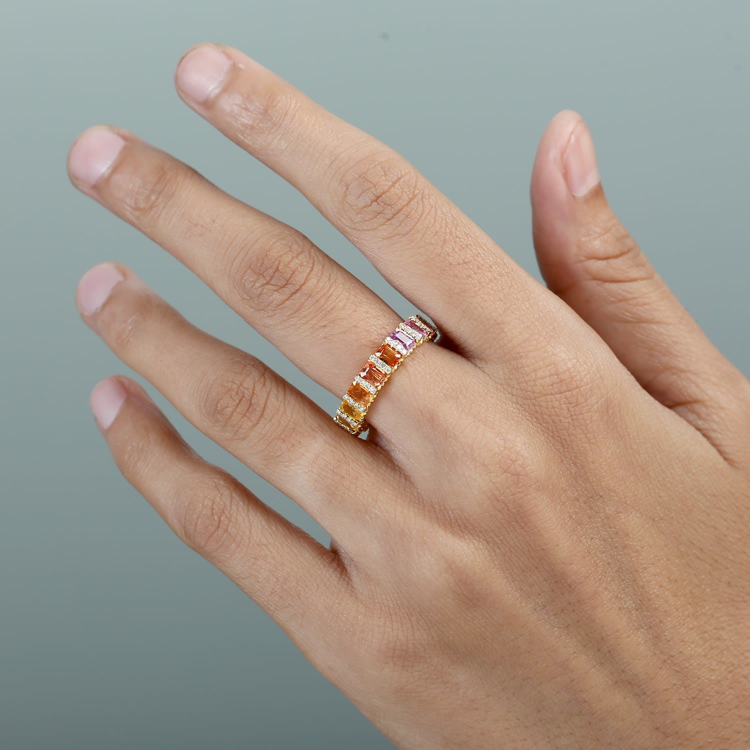 Rainbow Sapphire & Diamond Eternity Band Ring In 18Kt Yellow Gold