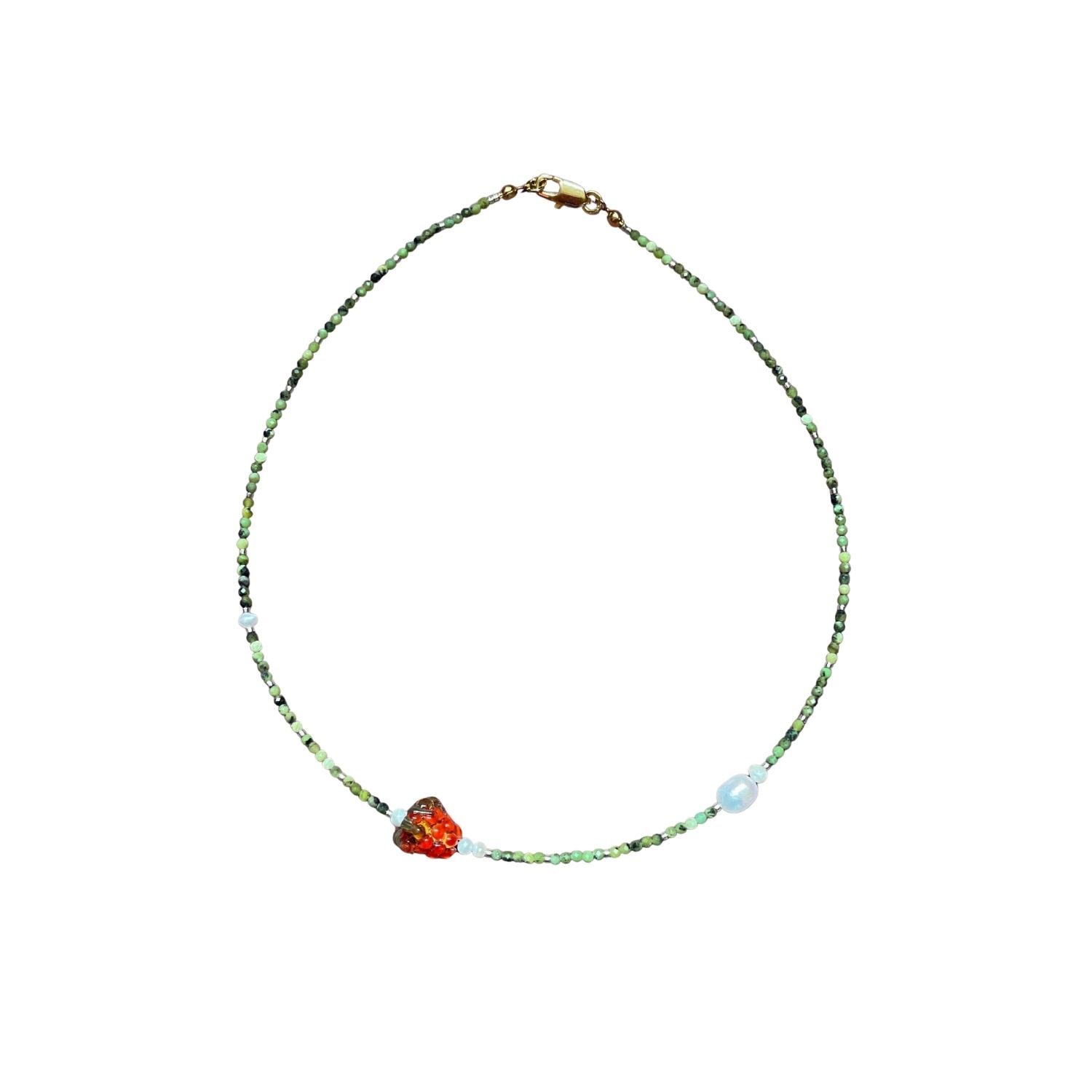 Raspberry Jam – Handmade Delicate Beaded Neklace With Murano Fruit Figure, Gemstone & Pearl
