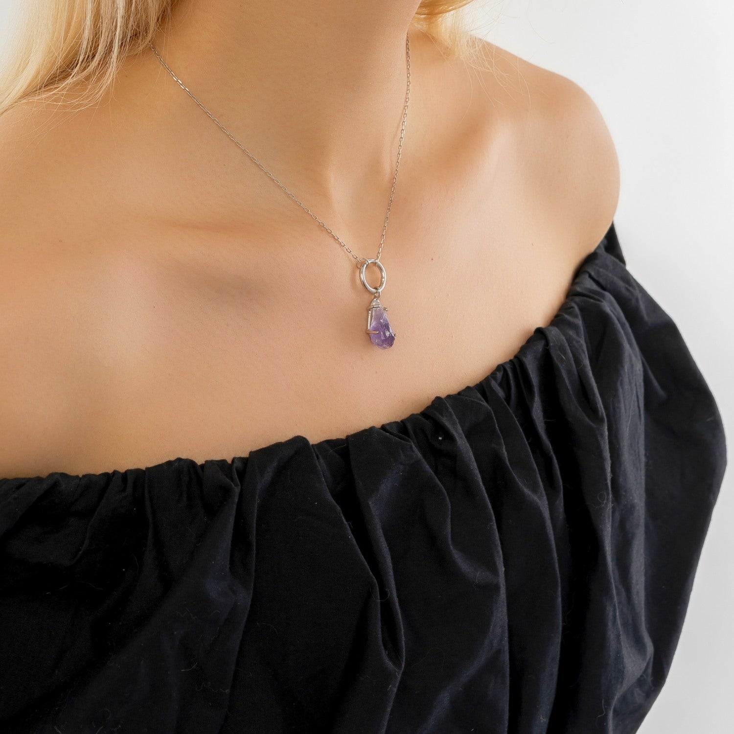 Raw Amethyst Gemstone Pendant Chain Link Silver Necklace