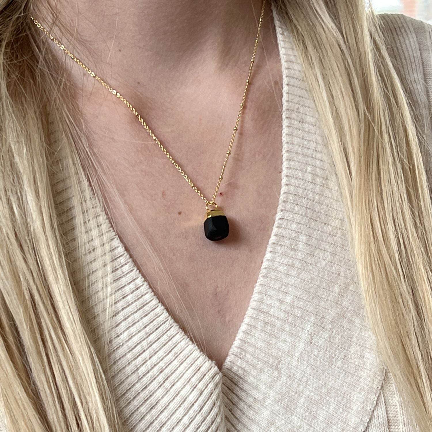 Raw Black Onyx Pendant On A Short Satellite Chain