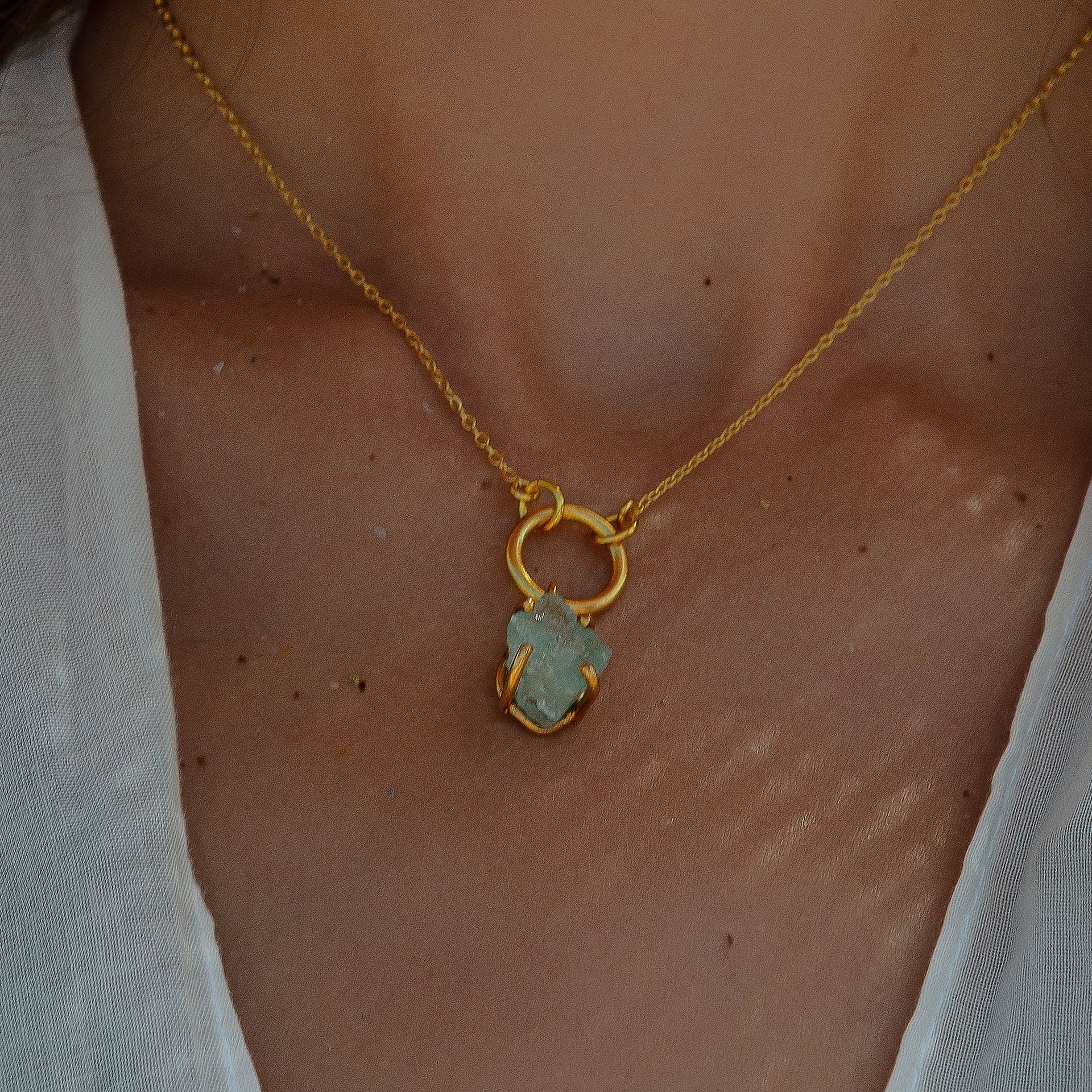 Raw Chalcedony Gemstone Pendant Chain Link Gold Necklace