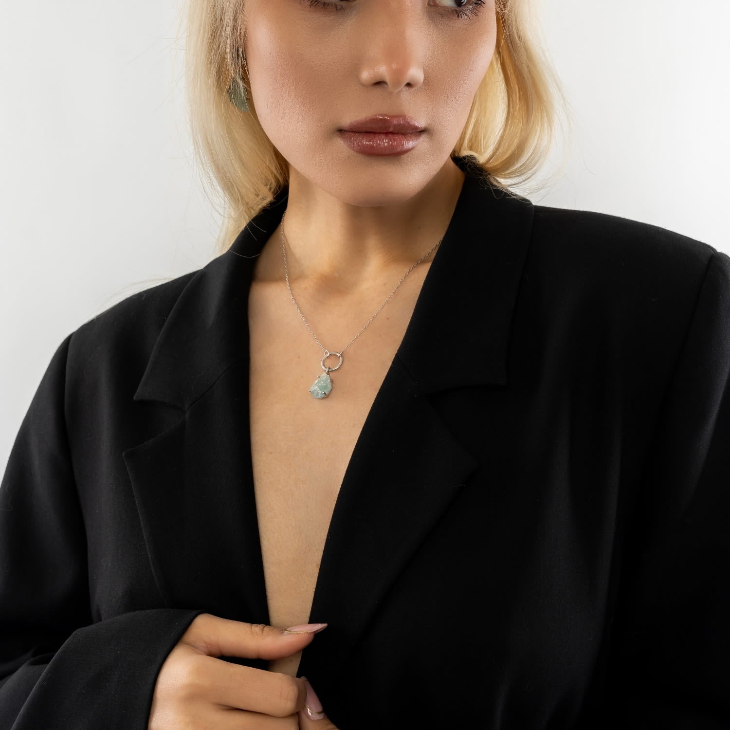 Raw Chalcedony Gemstone Pendant Chain Link Silver Necklace