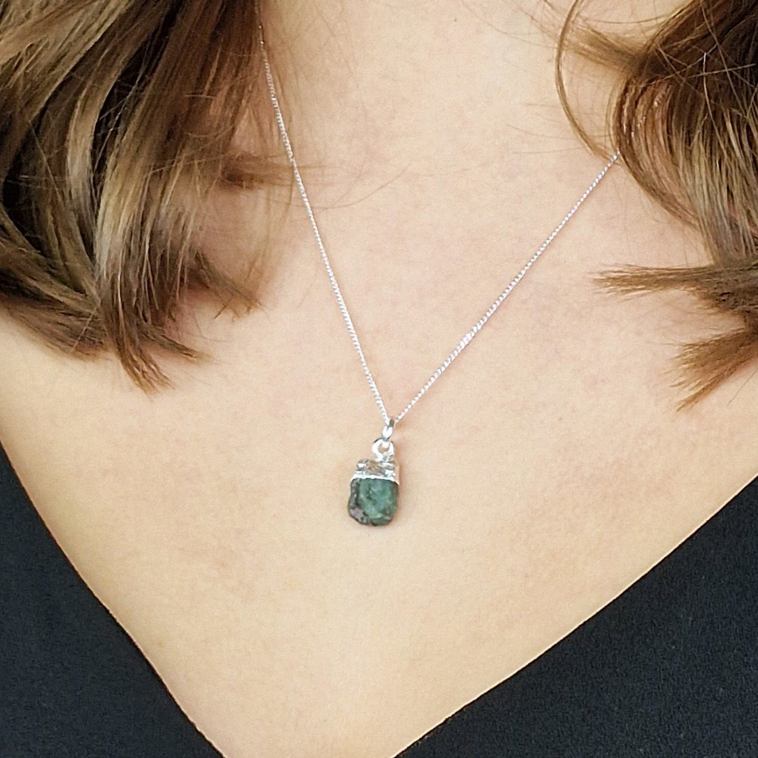 Raw Emerald Sterling Silver May Birthstone Necklace