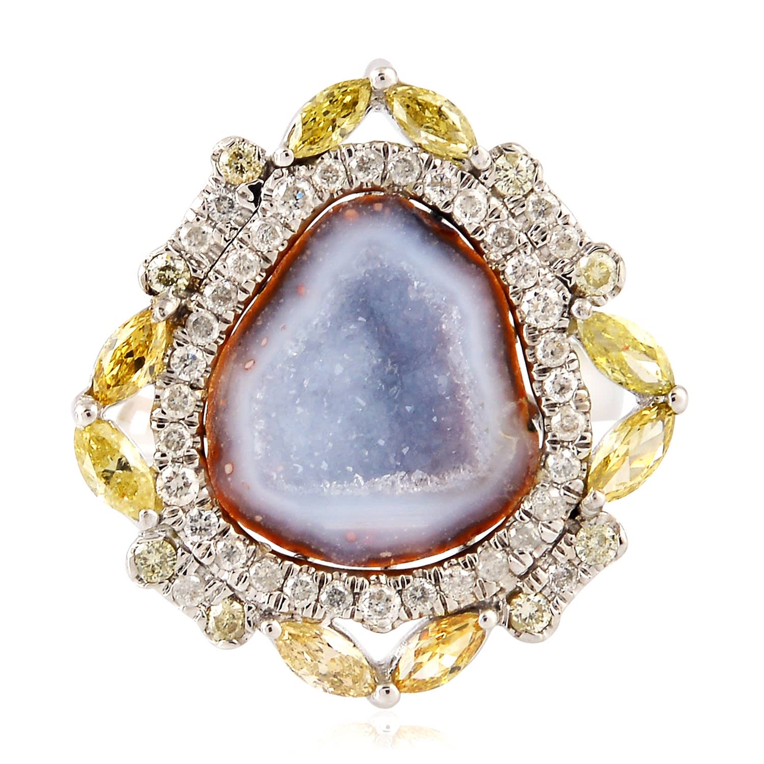 Raw Geode Gemstone Ring In White Gold – Pave Diamond Cocktail Statement