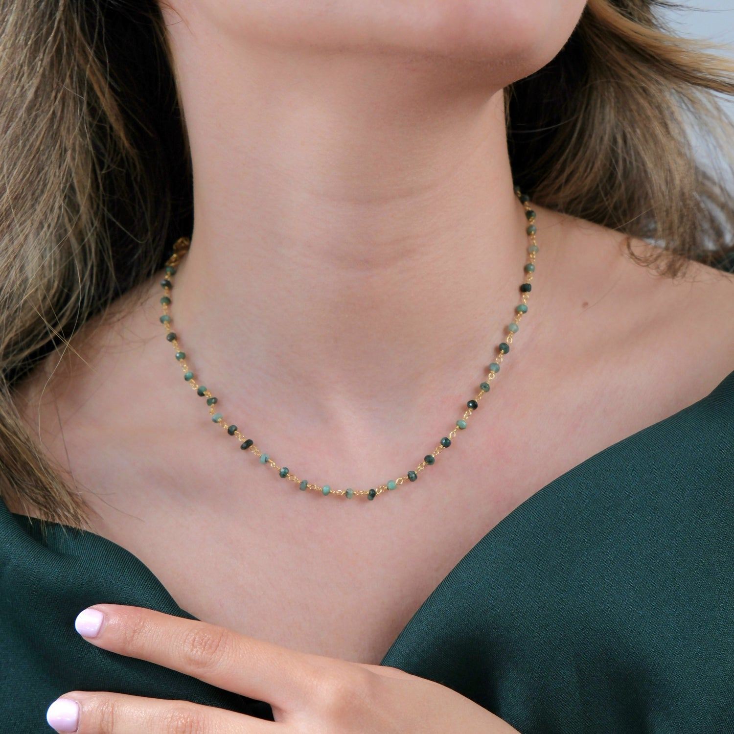 Raw Green Emerald Beaded Delicate Gold Plated Necklace