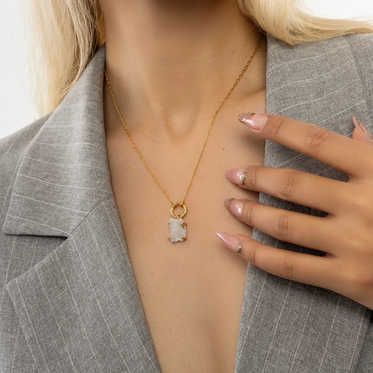 Raw Moonstone Gemstone Pendant Chain Link Gold Necklace