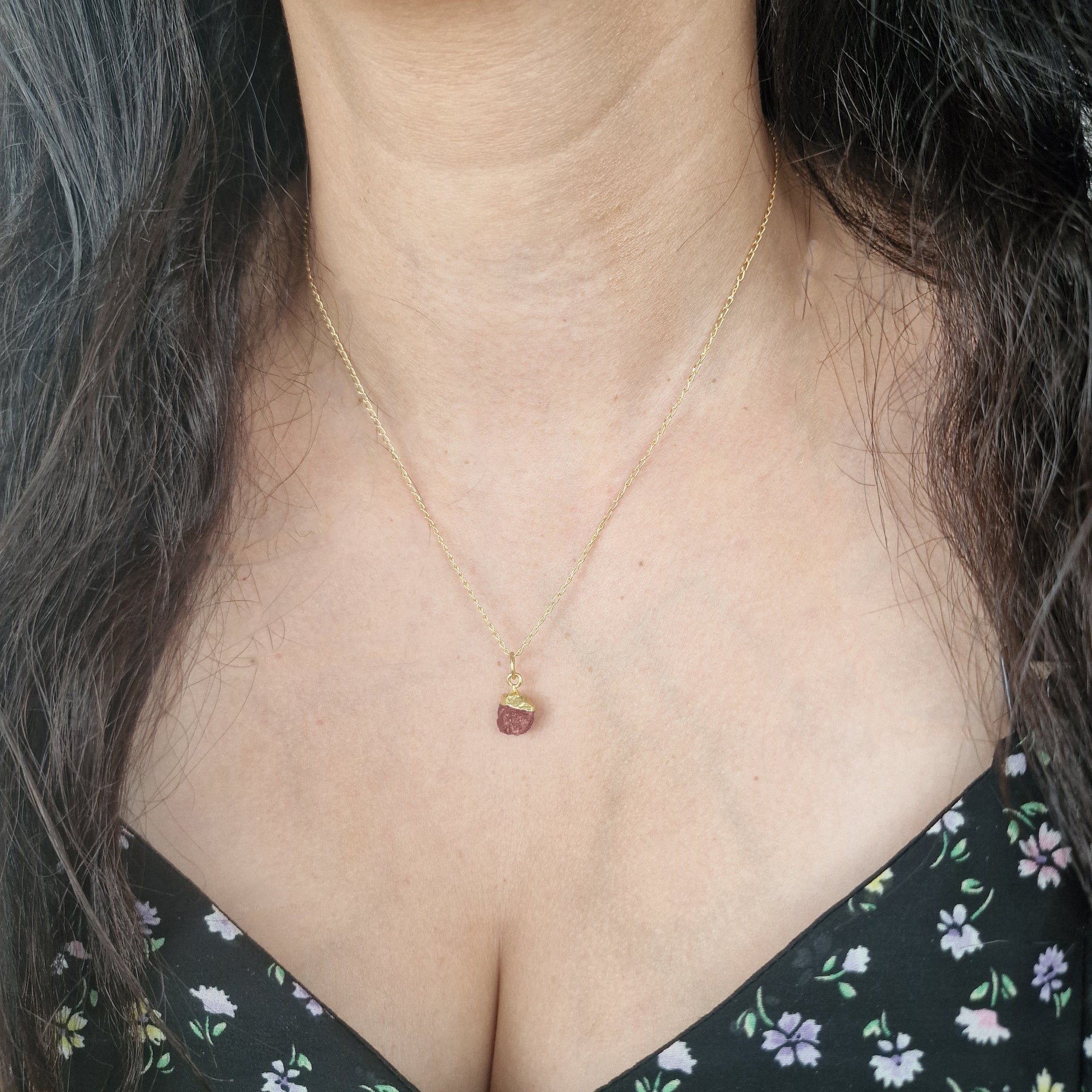 Raw Pink Tourmaline October Birthstone Gold Plated Charm Necklace