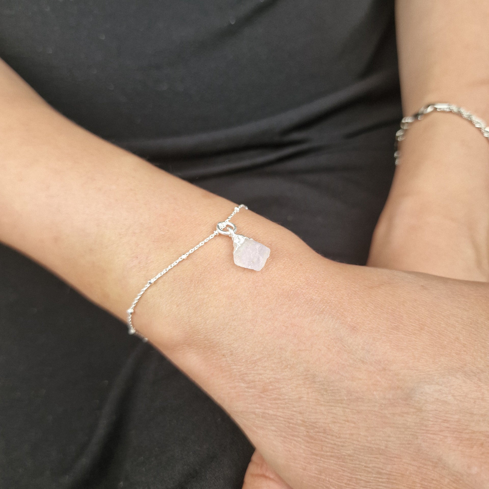 Raw Rose Quartz Birthstone Sterling Silver Bracelet