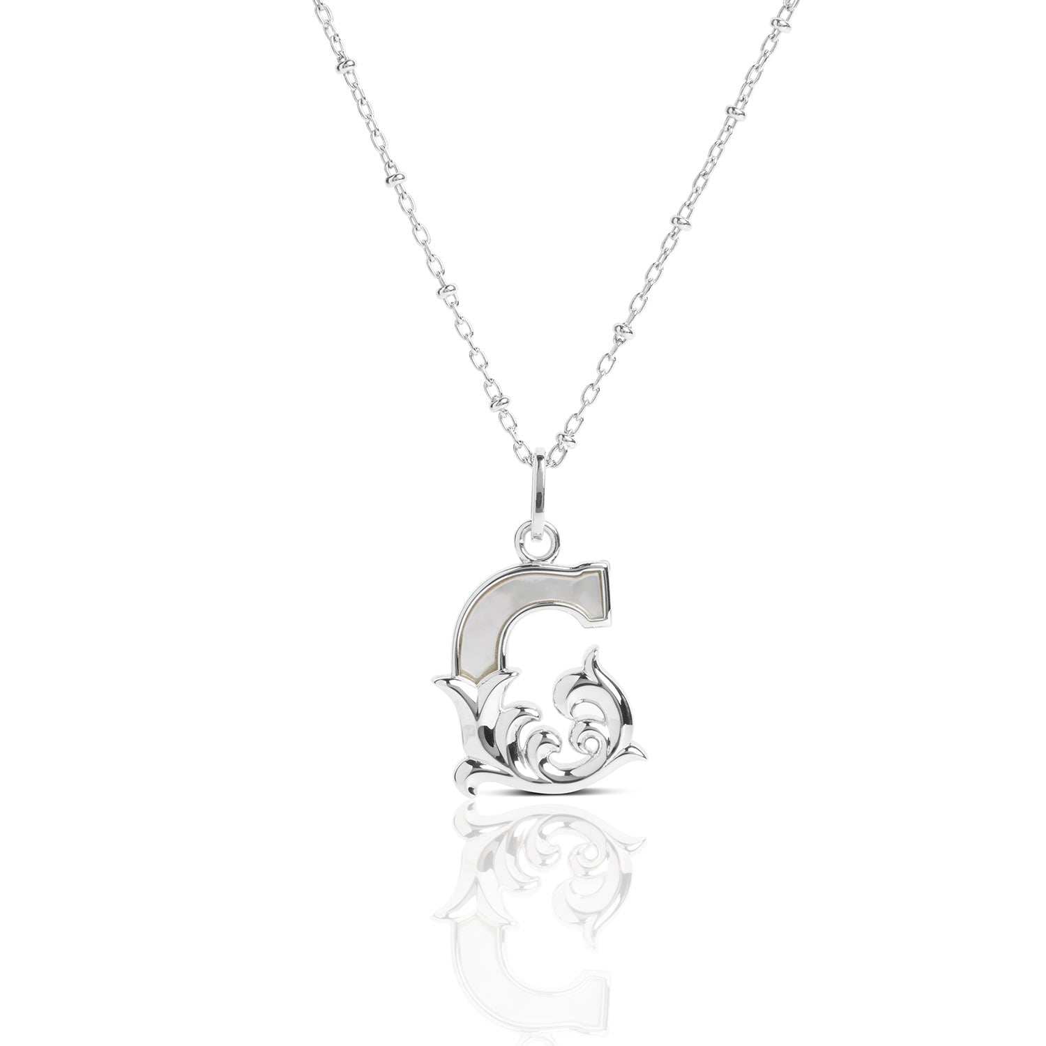 Solid Silver G Initial Necklace With Mother Of Pearl