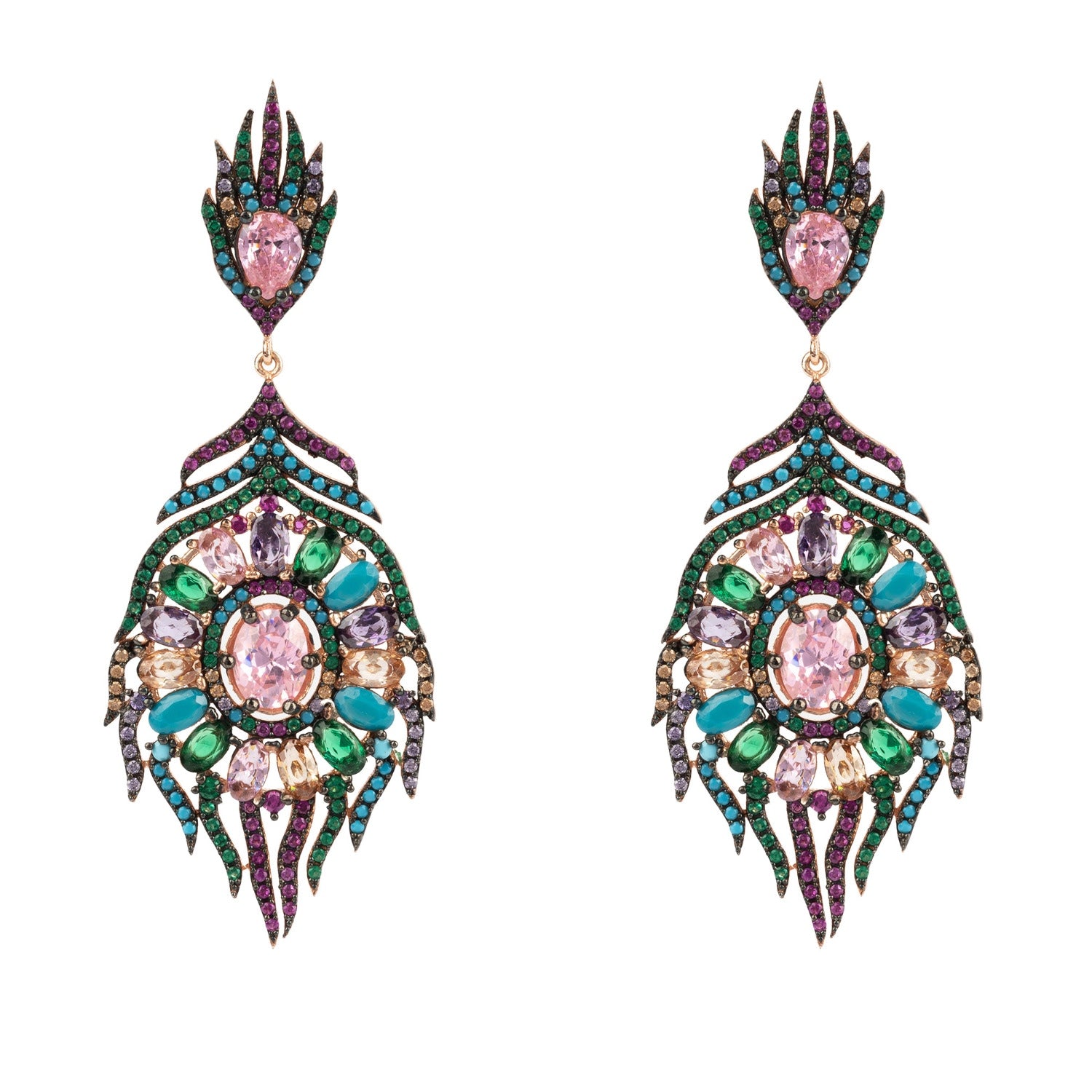 Peacock Colourful Gemstone Earrings Rose Gold