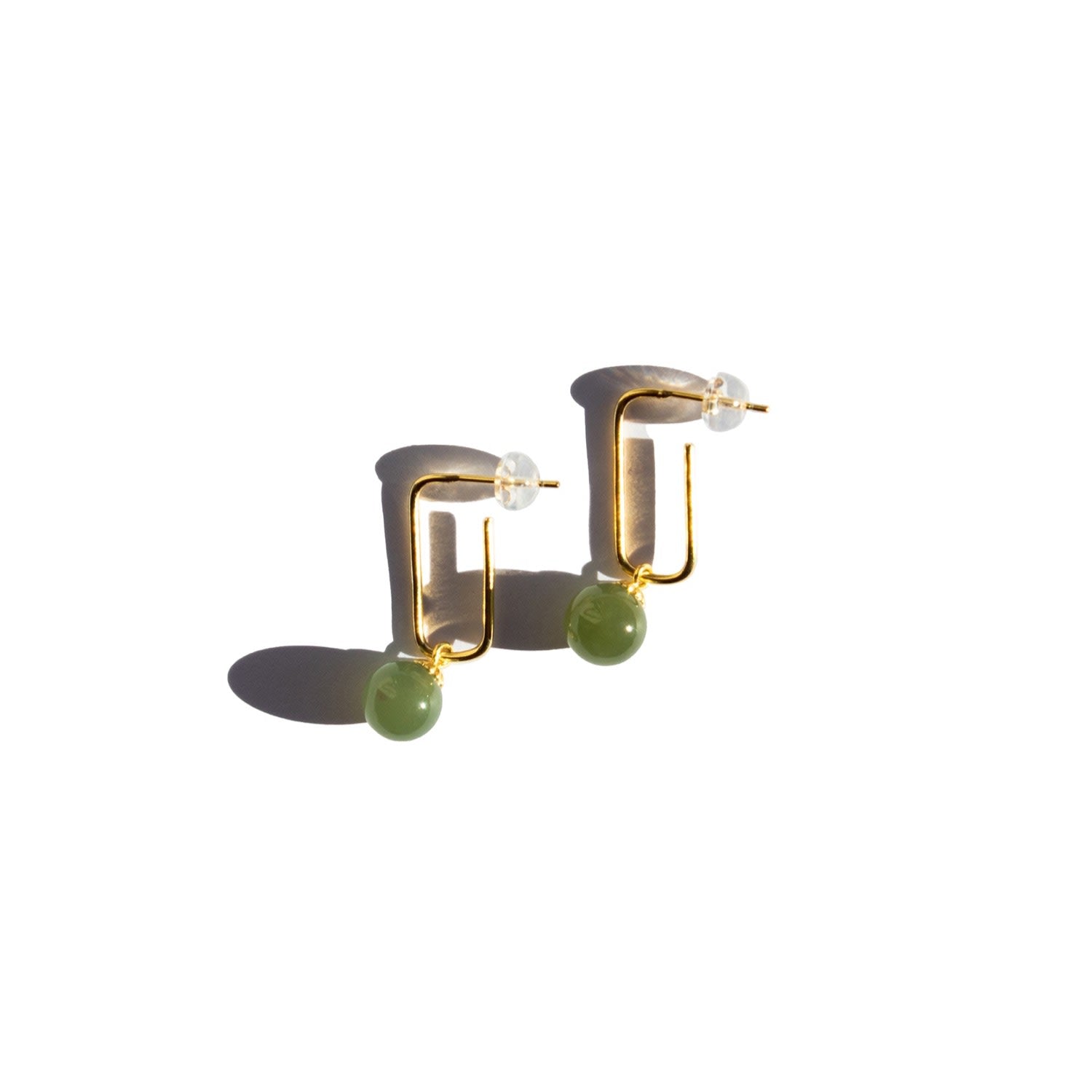 Pin Green Jade Bead Gold Earrings