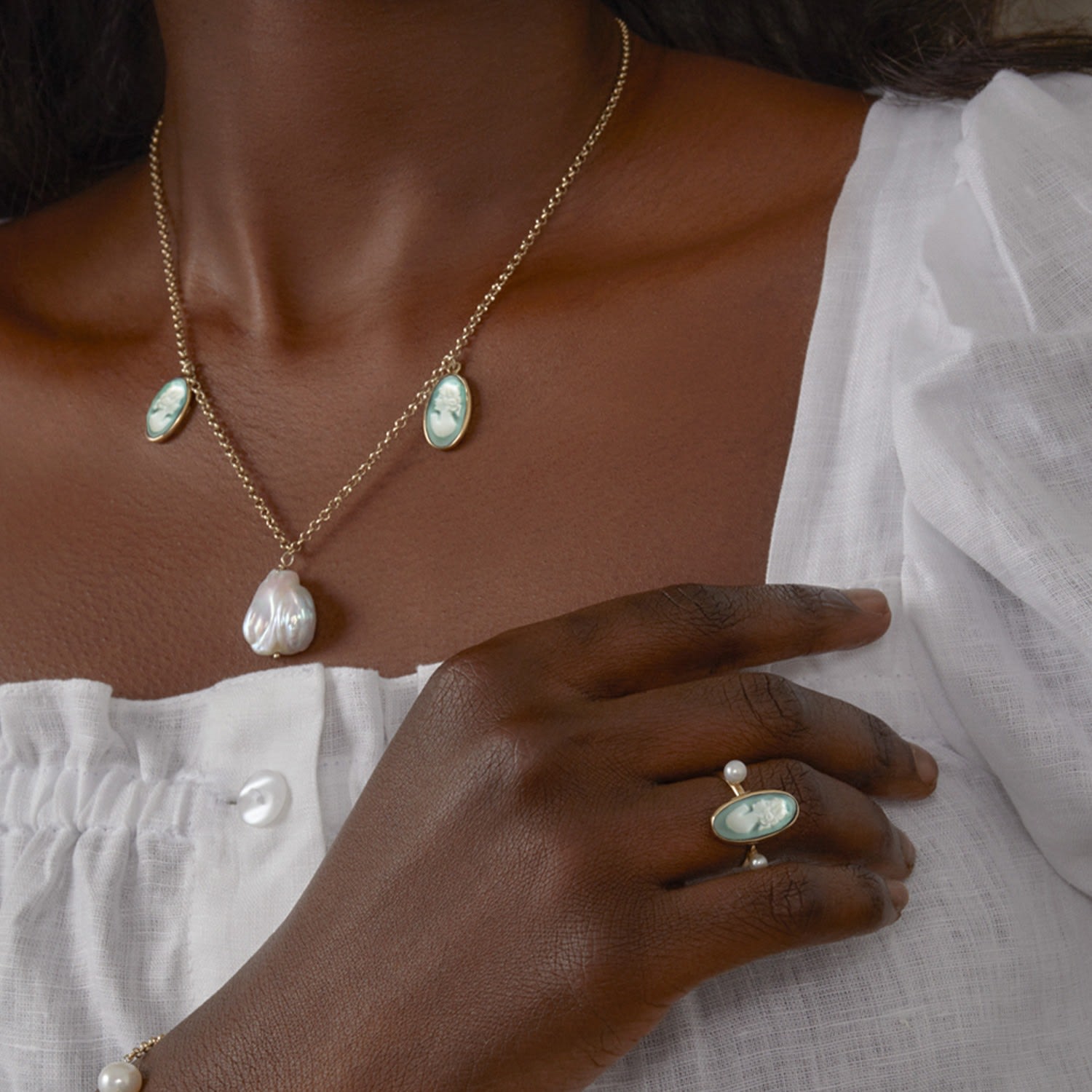 Medea Gold-Plated Green Cameo And Pearl Necklace