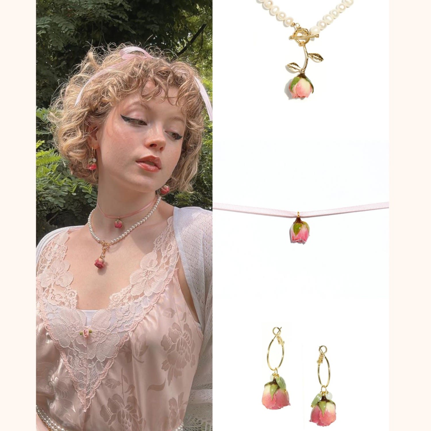 Real Flower Bella Rosa Rosebud & Freshwater Pearl Necklace
