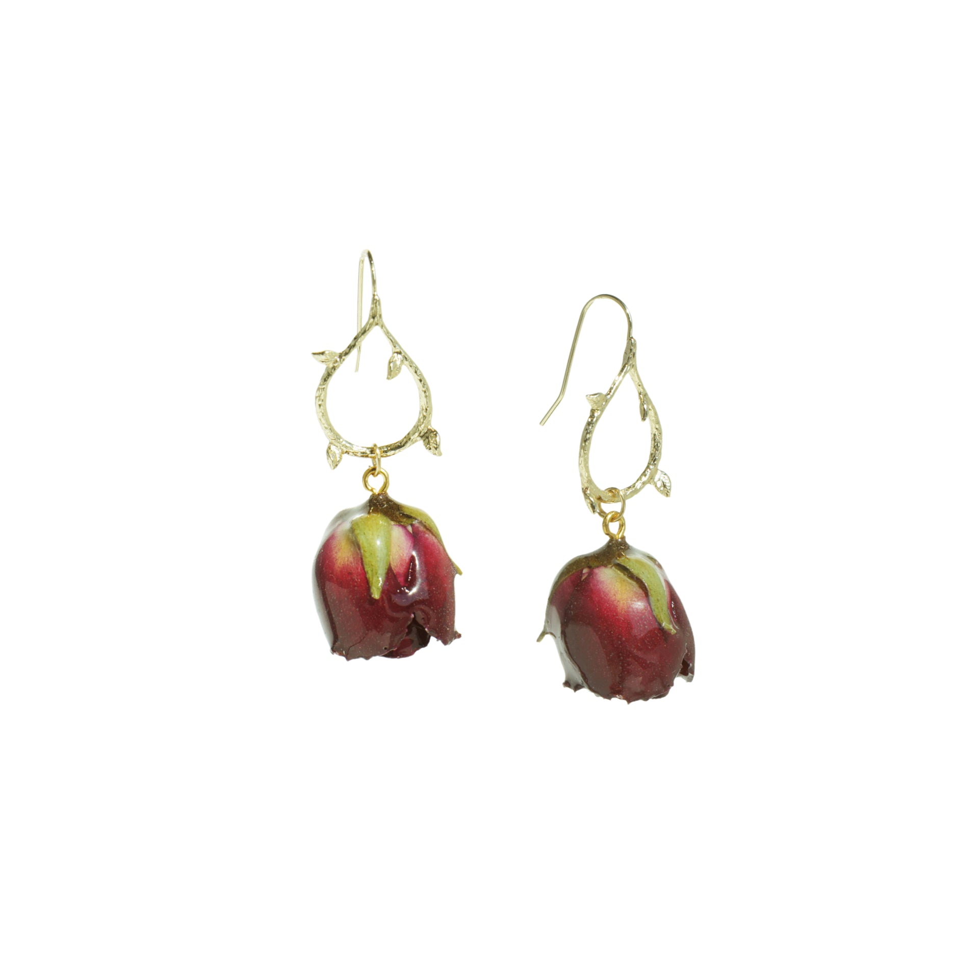Real Flower Grande Amore Rosebud Drop Earrings On Golden Branch