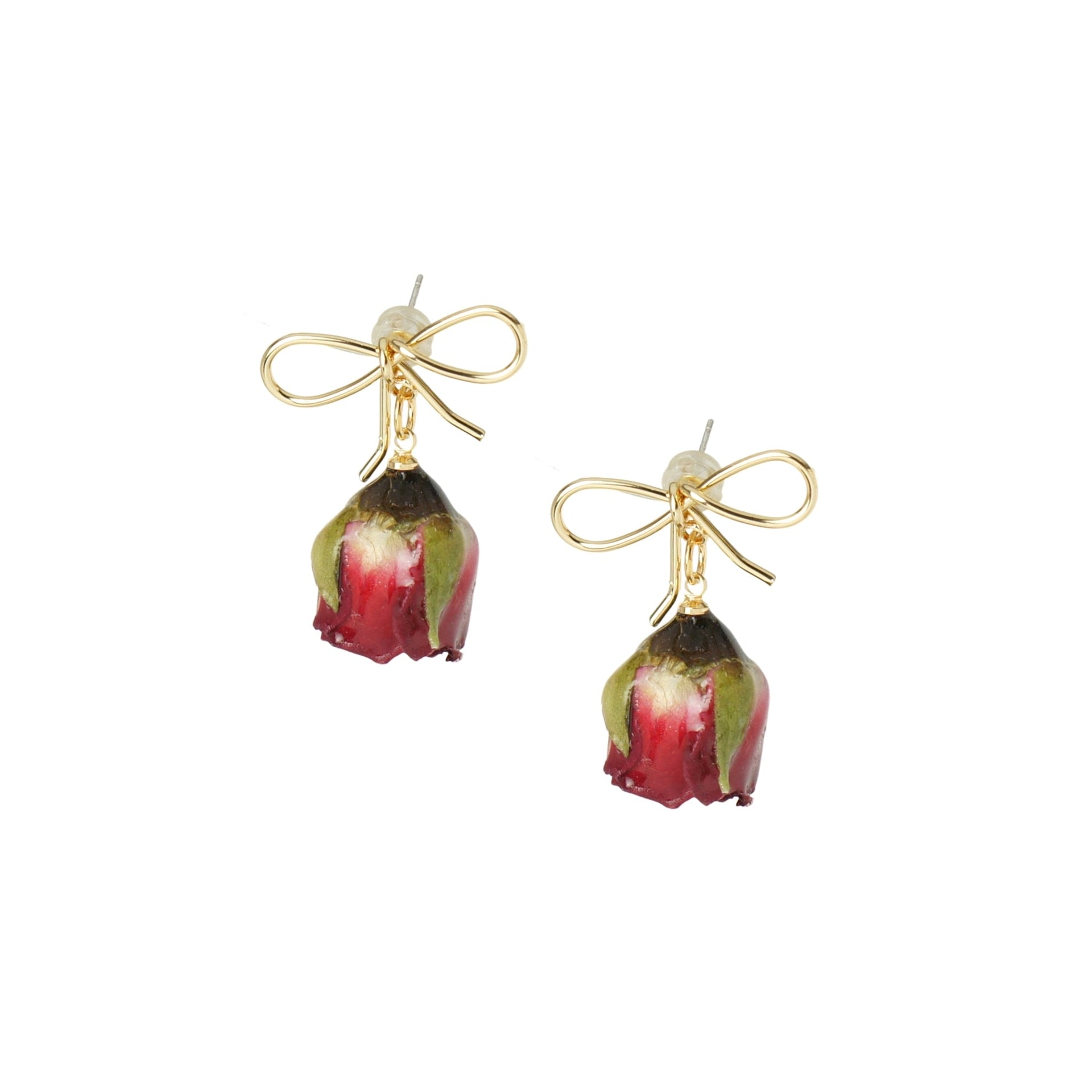 Real Flower Grande Amore Rosebud Drop Earrings With Bow Studs