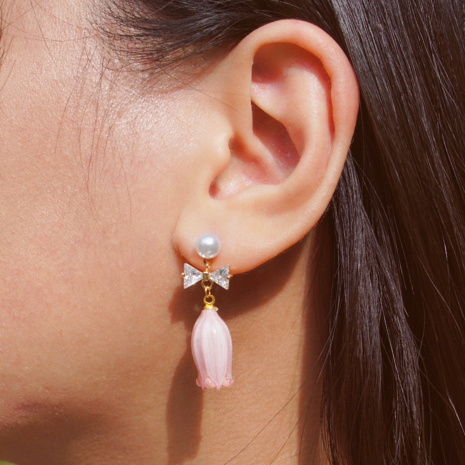 Real Flower Lilian Lily Of The Valley Crystal Bow Flower Drop Pearl Earrings - Pale Pink