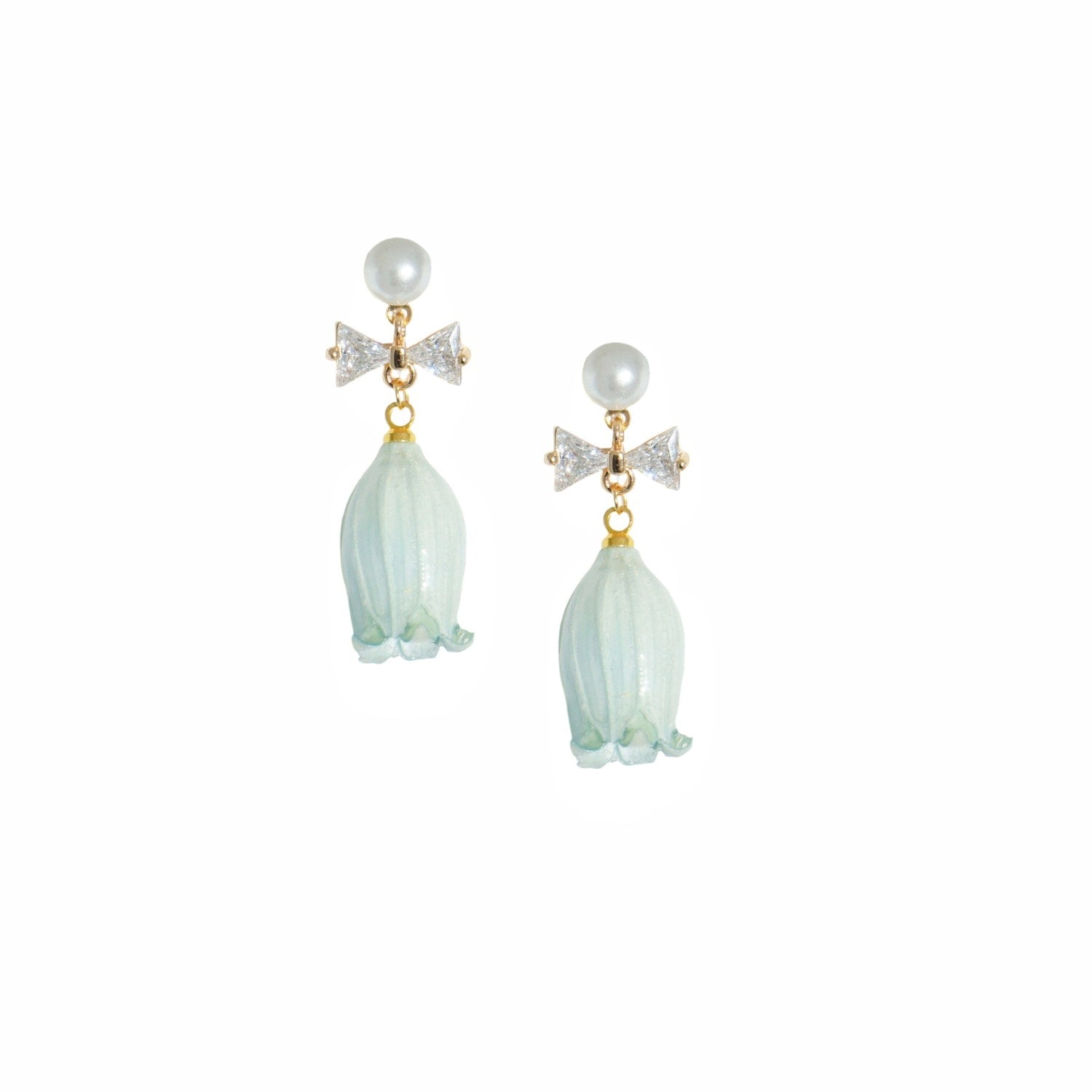 Real Flower Lilian Lily Of The Valley Crystal Bow Flower Drop Pearl Earrings