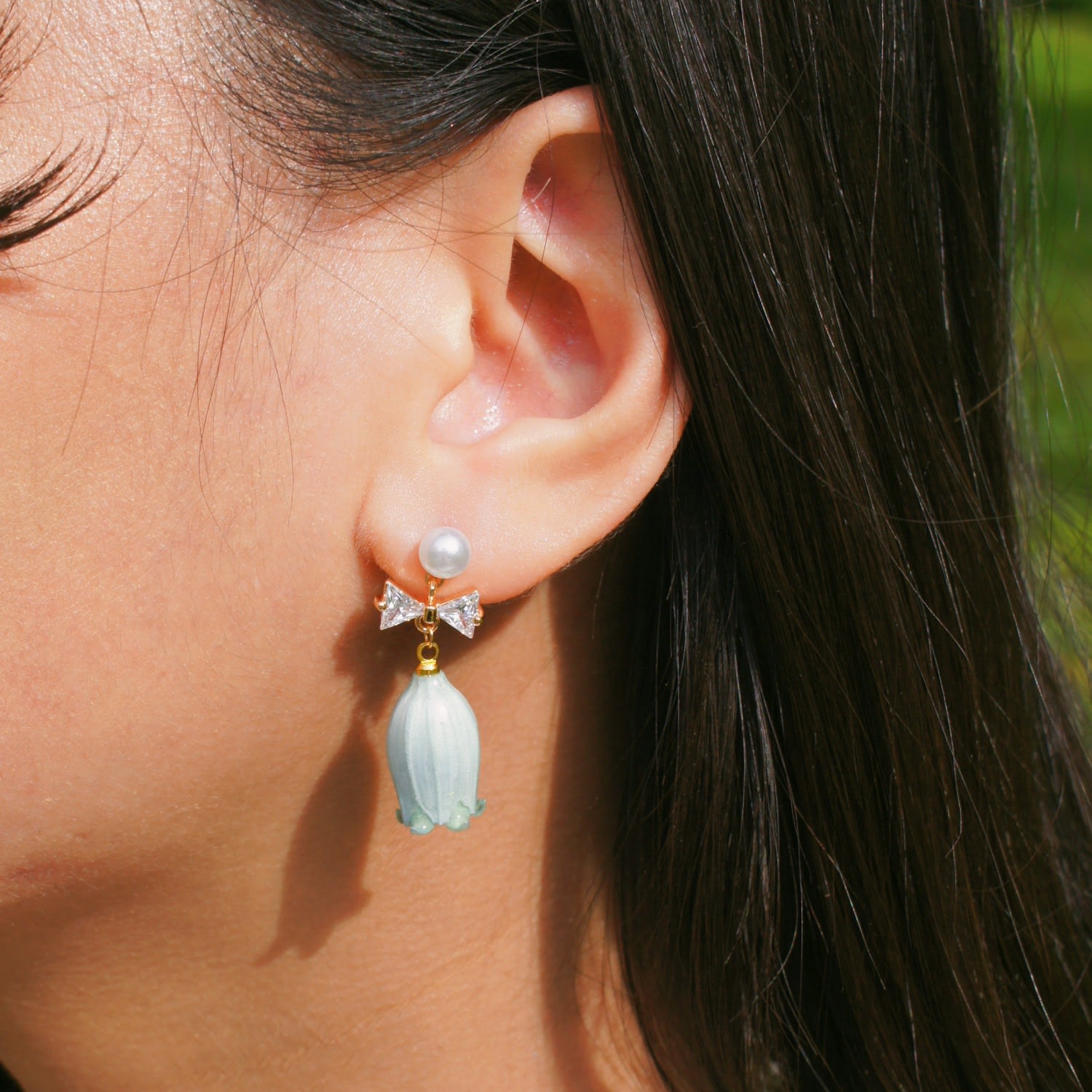 Real Flower Lilian Lily Of The Valley Crystal Bow Flower Drop Pearl Earrings