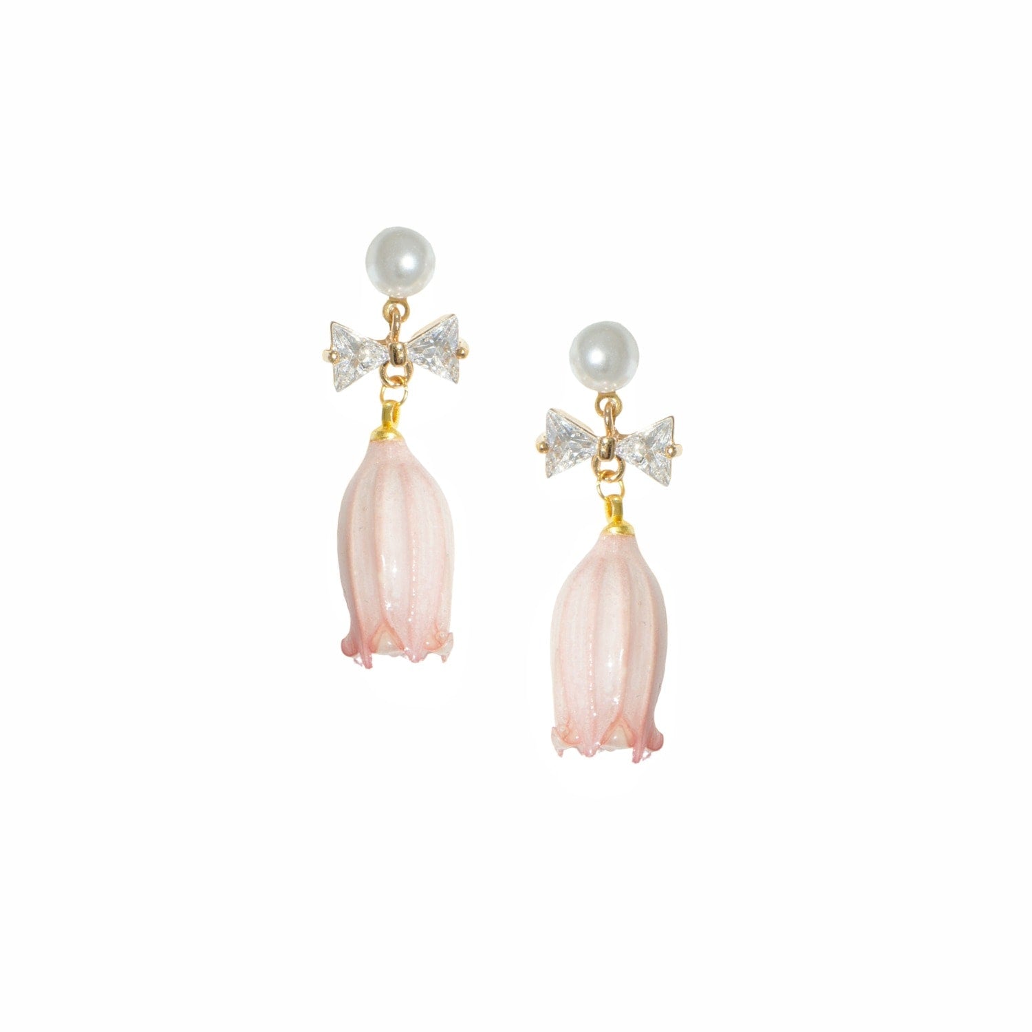 Real Flower Lilian Lily Of The Valley Crystal Bow Flower Drop Pearl Earrings - Pale Pink