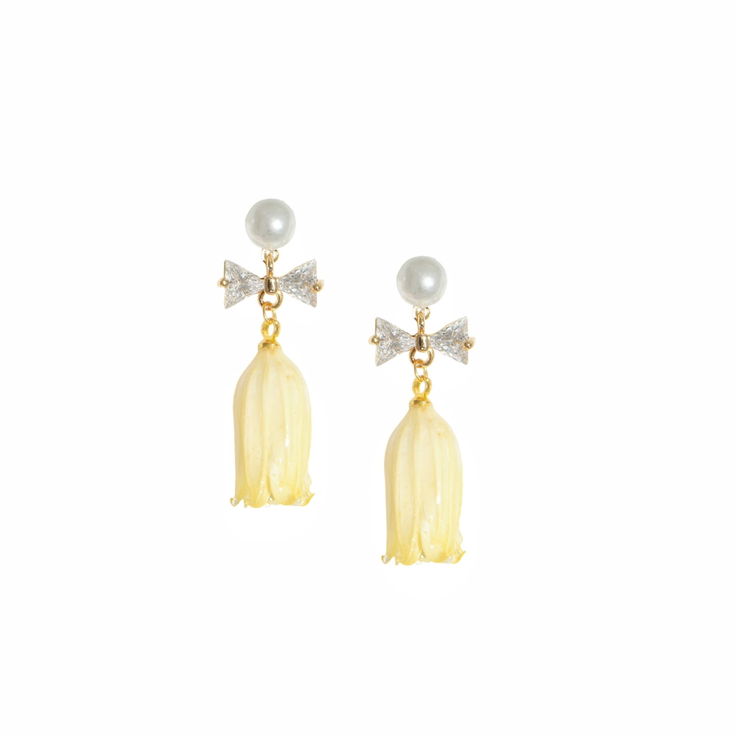 Real Flower Lilian Lily Of The Valley Crystal Bow Flower Drop Pearl Earrings - Butter Yellow