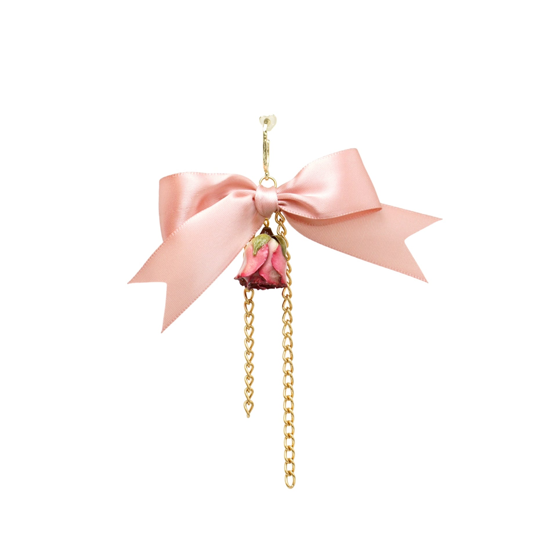 Real Flower Queen Anne Rosebud, Satin Bow & Golden Chain Drop Earring, Single