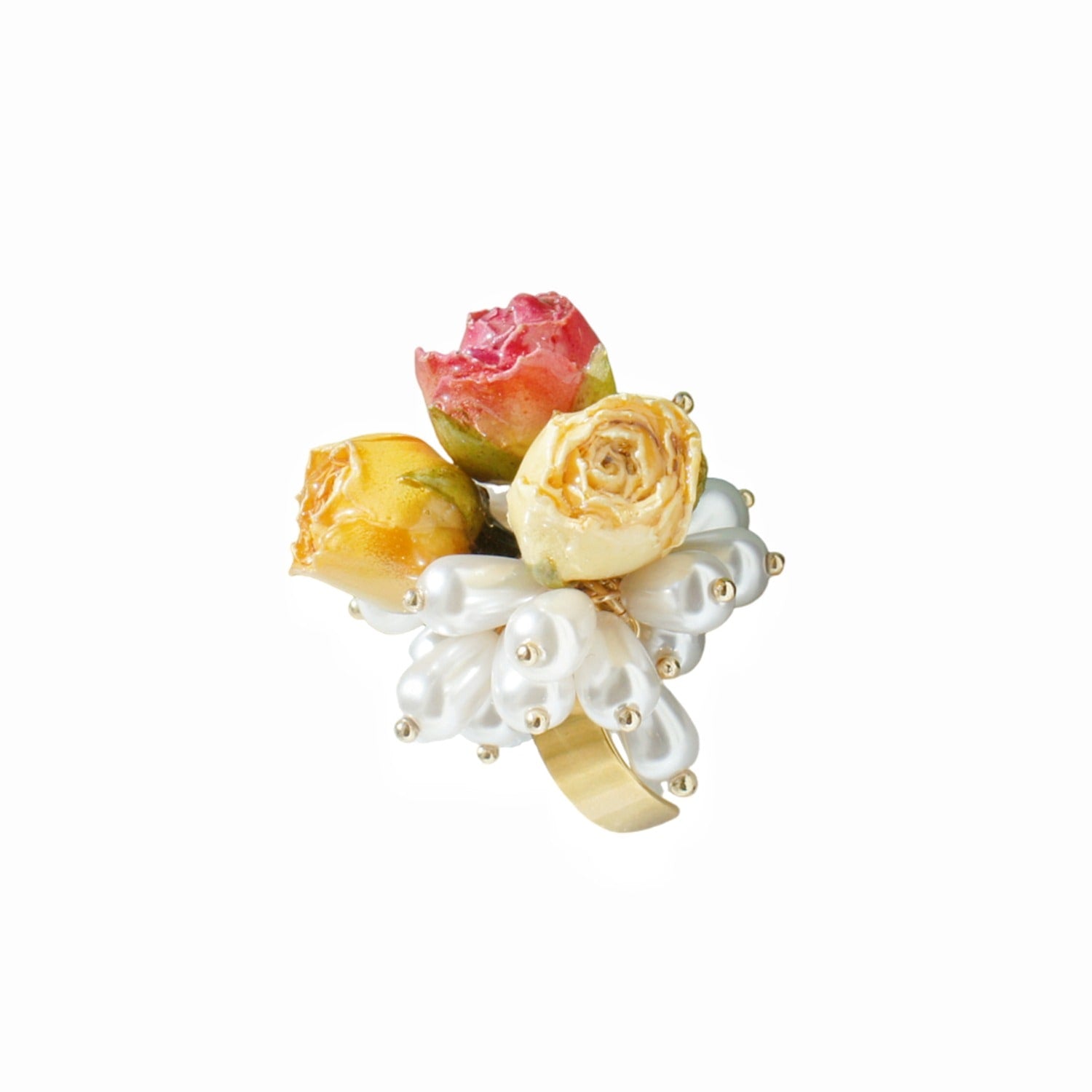 Real Flower Queen Anne Triple Rosebuds And Pearls Open Ring