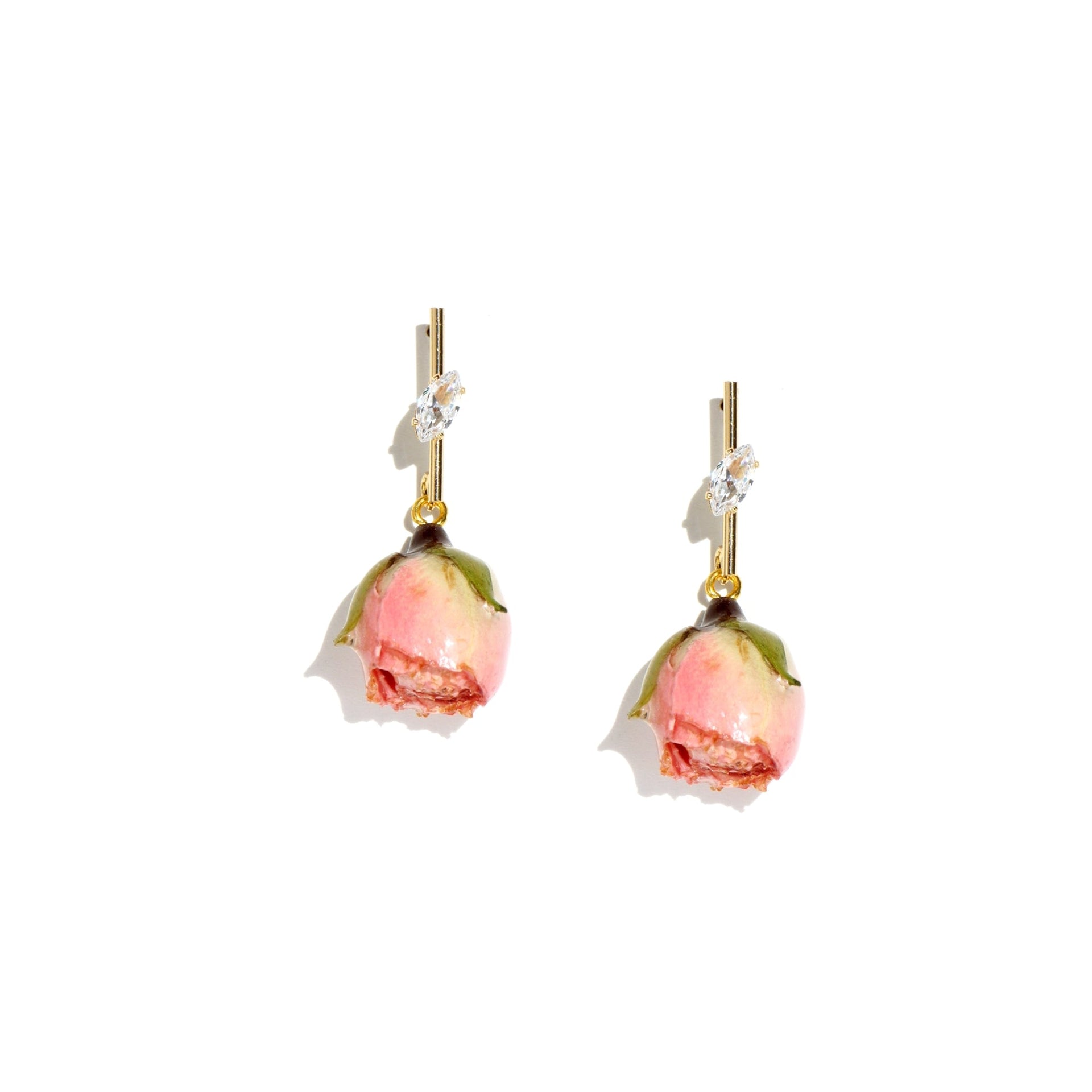 Real Flower Rosa Brillante Rosebud Drop Earrings With Golden Stem & Crystal, Pink