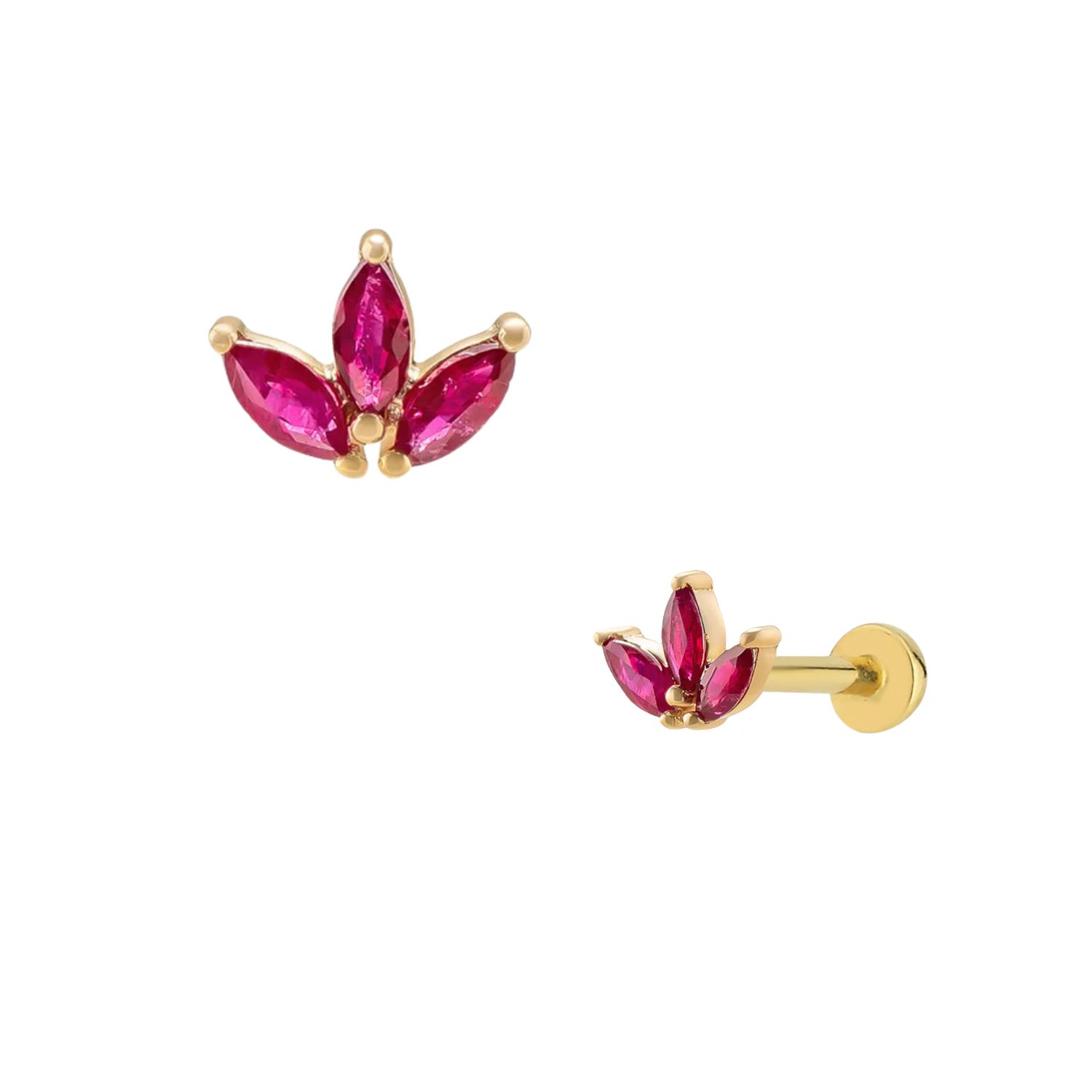 Real Gold Lotus Tragus, Red Flower Piercing, Gold Red Drop Stone Piercing, Screw Back Climber Earrings, Cartilage Moissanite Earrings