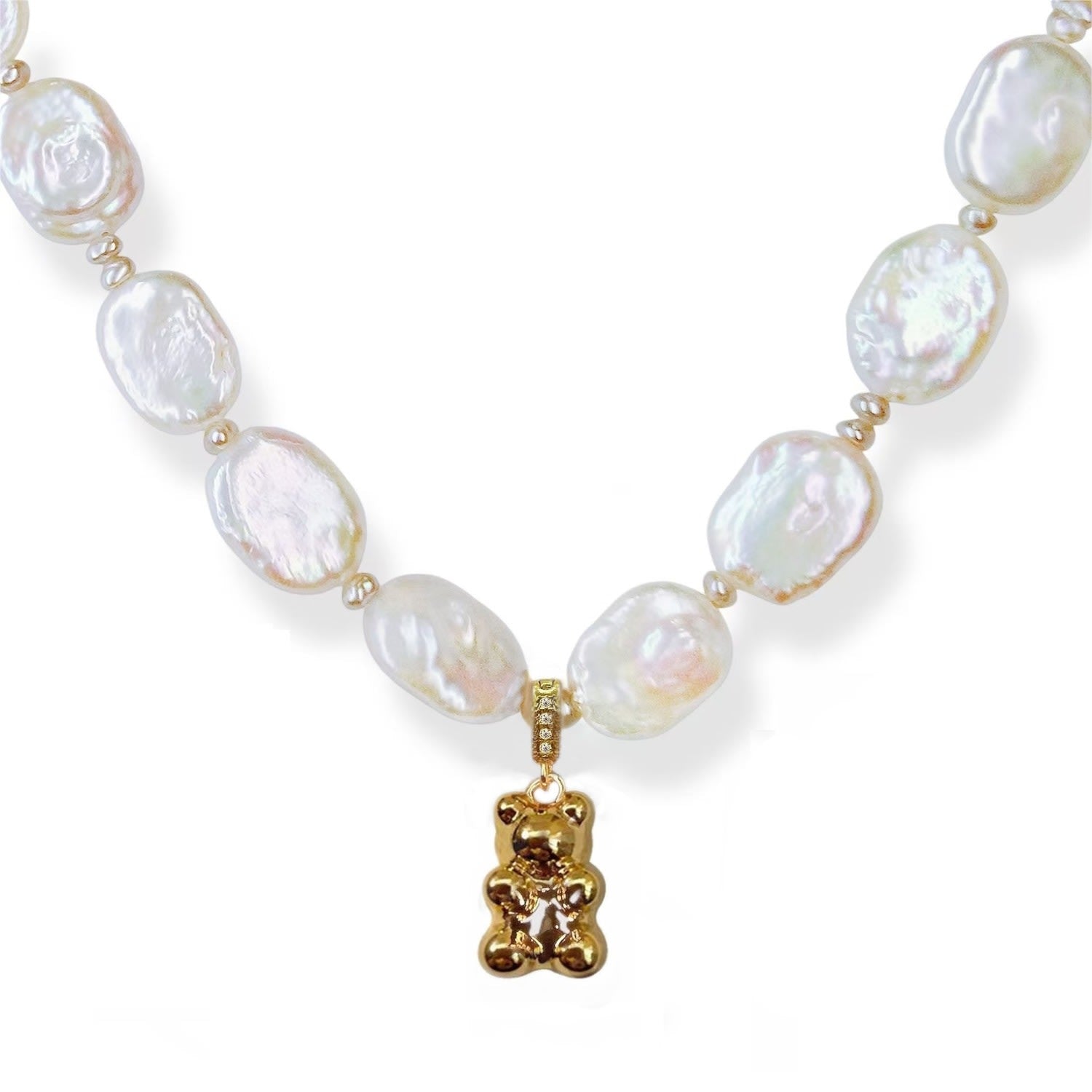 Rectangular Pearl & Bear Pendant Necklace - Gloden