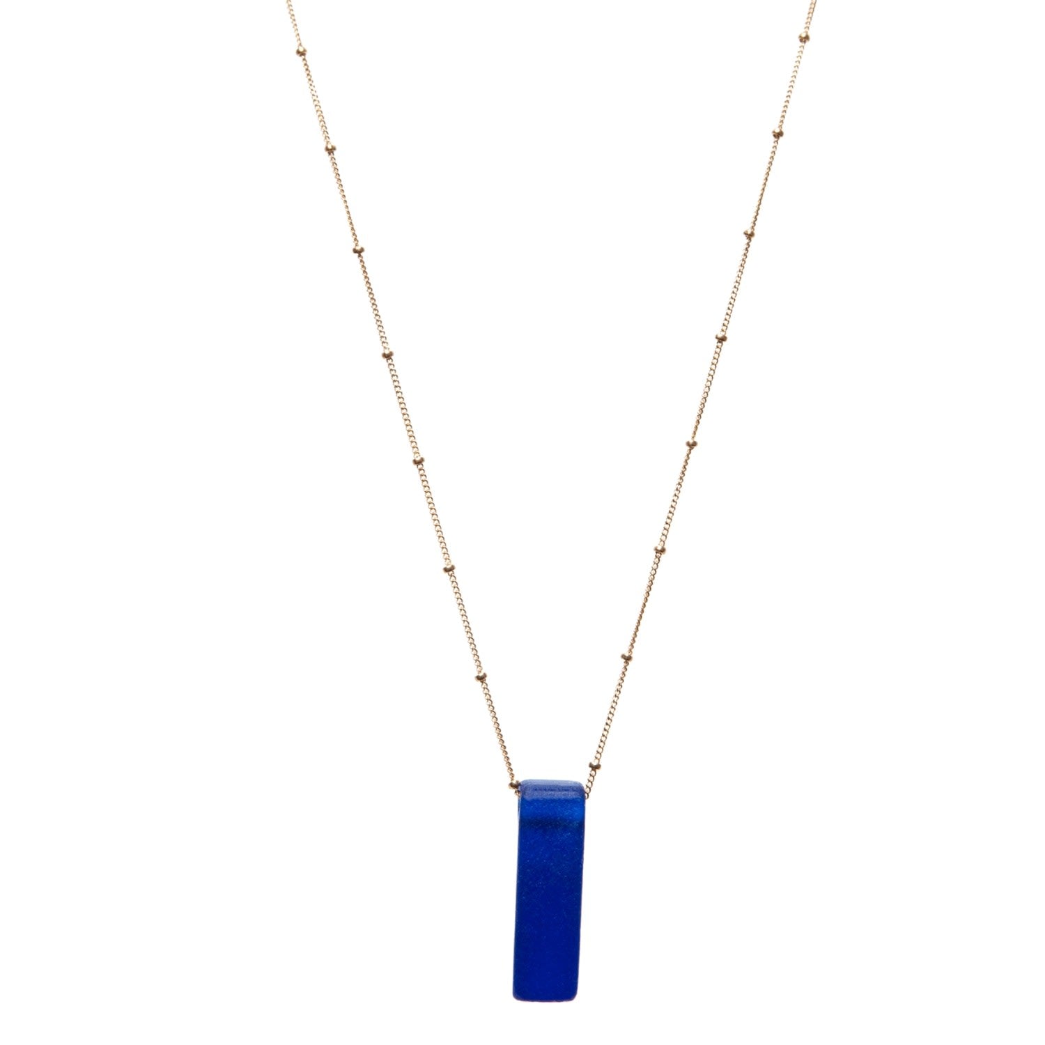 Recycled Bottle Glass Stiletto Necklace Cobalt Gold Fill