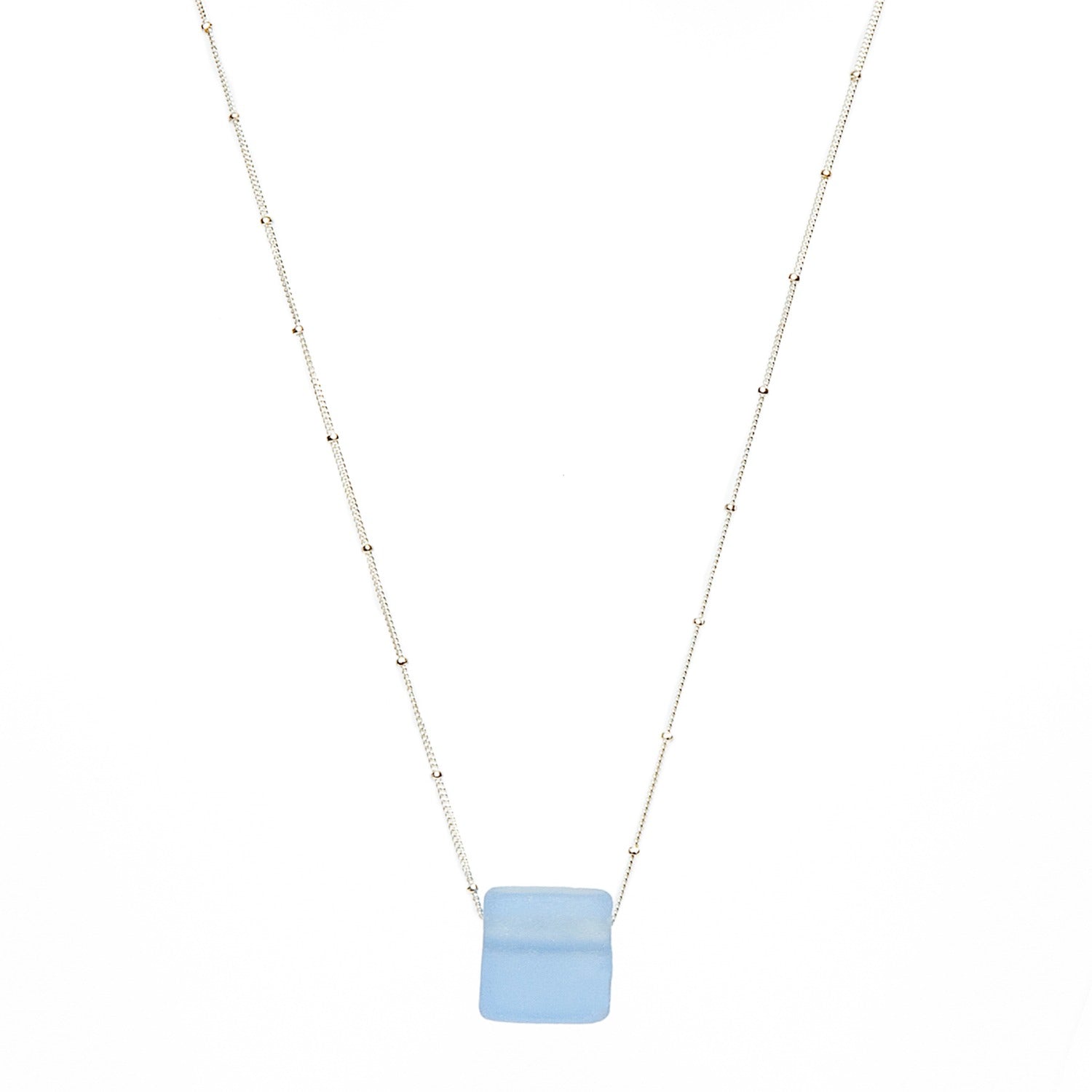 Recycled Sake Bottle Cube Necklace Sterling Silver Periwinkle