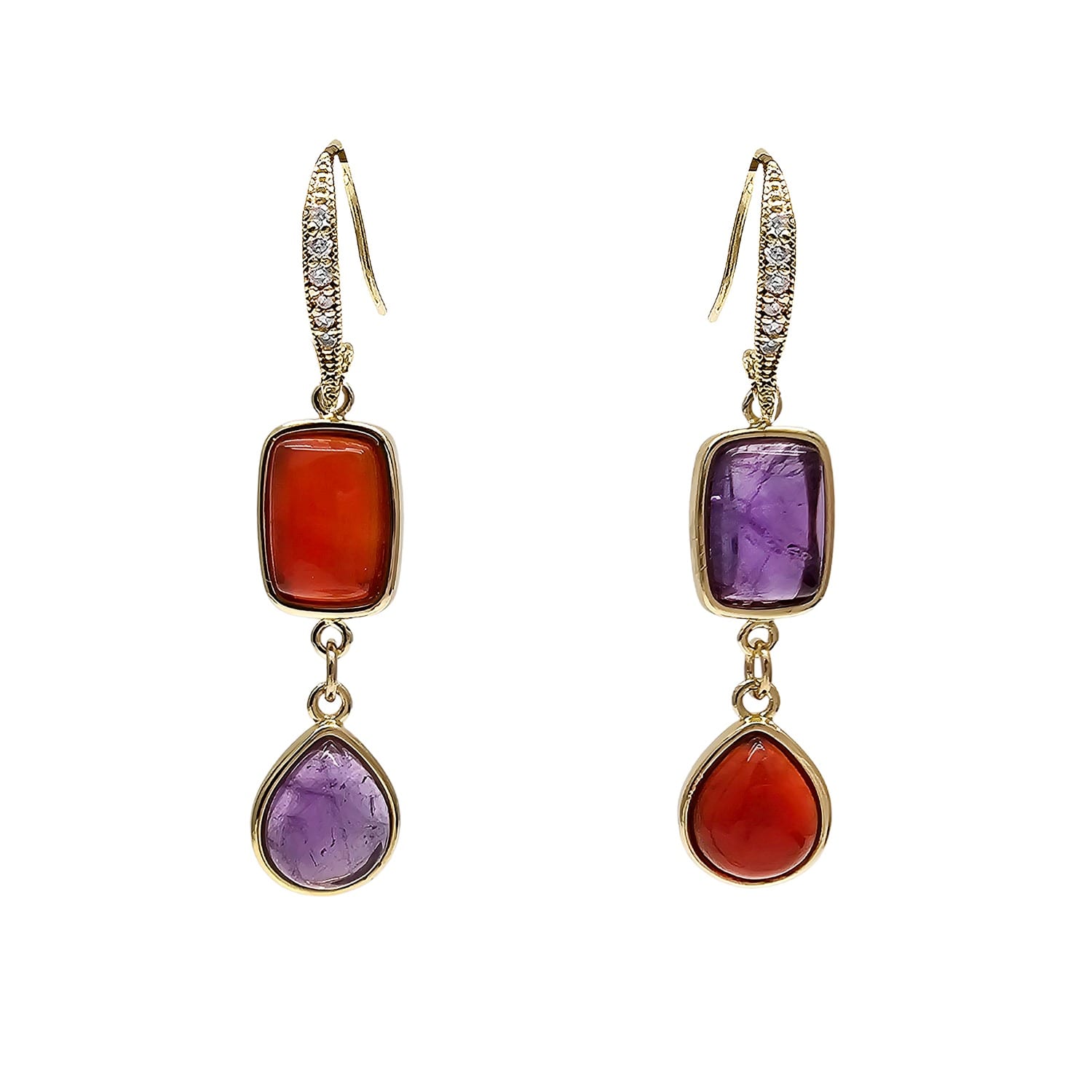 Red Agate And Purple Amethyst Color Matching Dangle Earrings