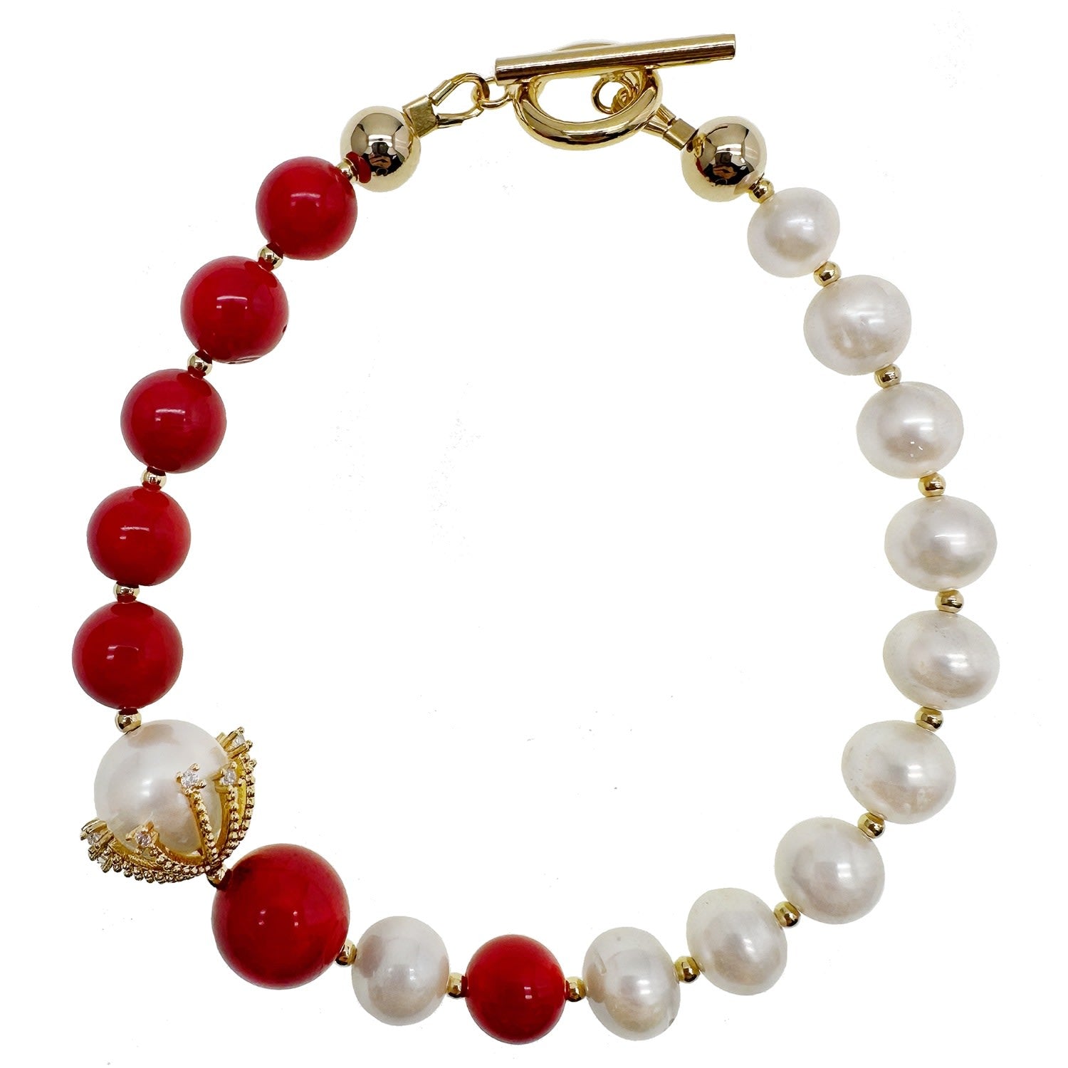 Red Bamboo And White Freshwater Pearls Bracelet