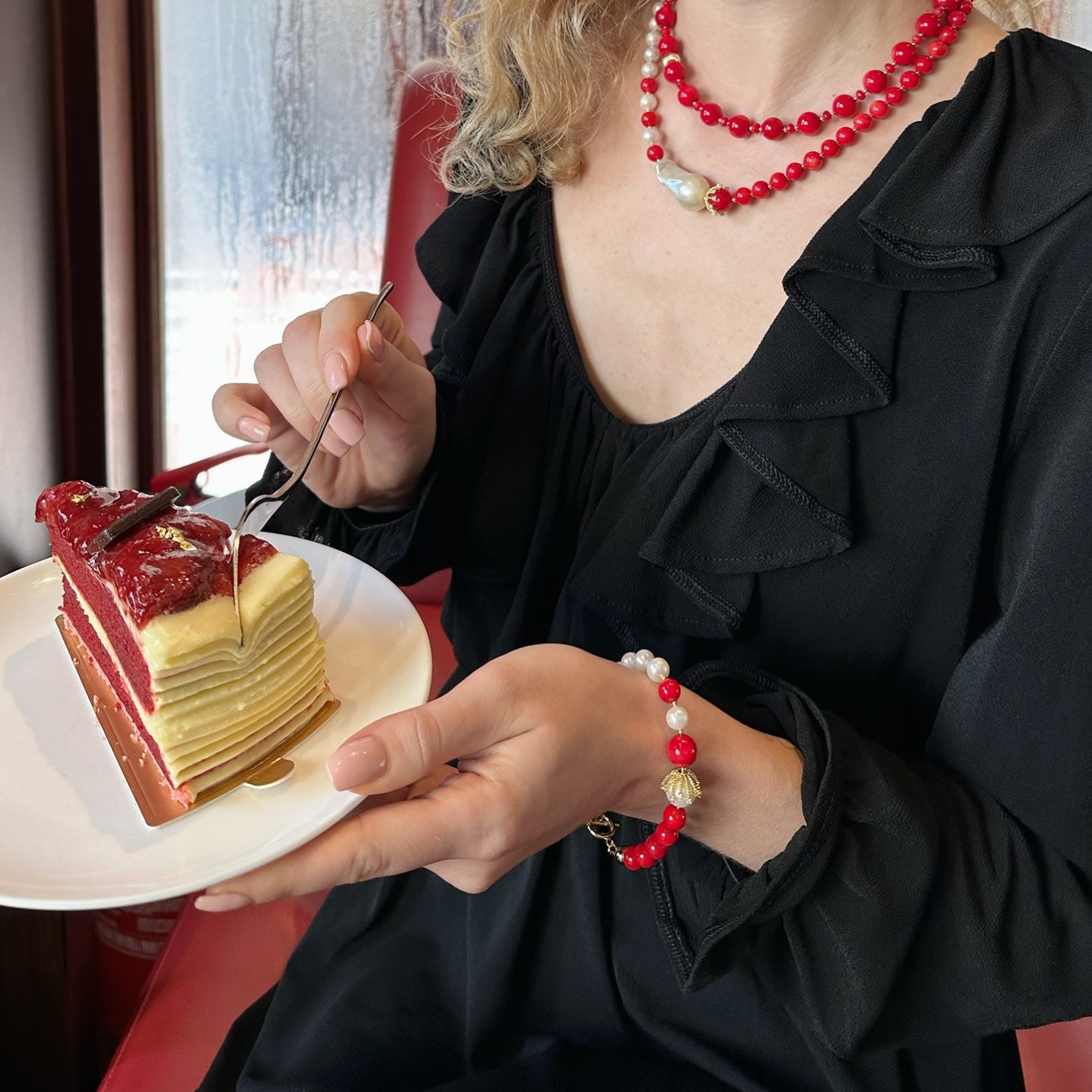 Red Bamboo And White Freshwater Pearls Bracelet