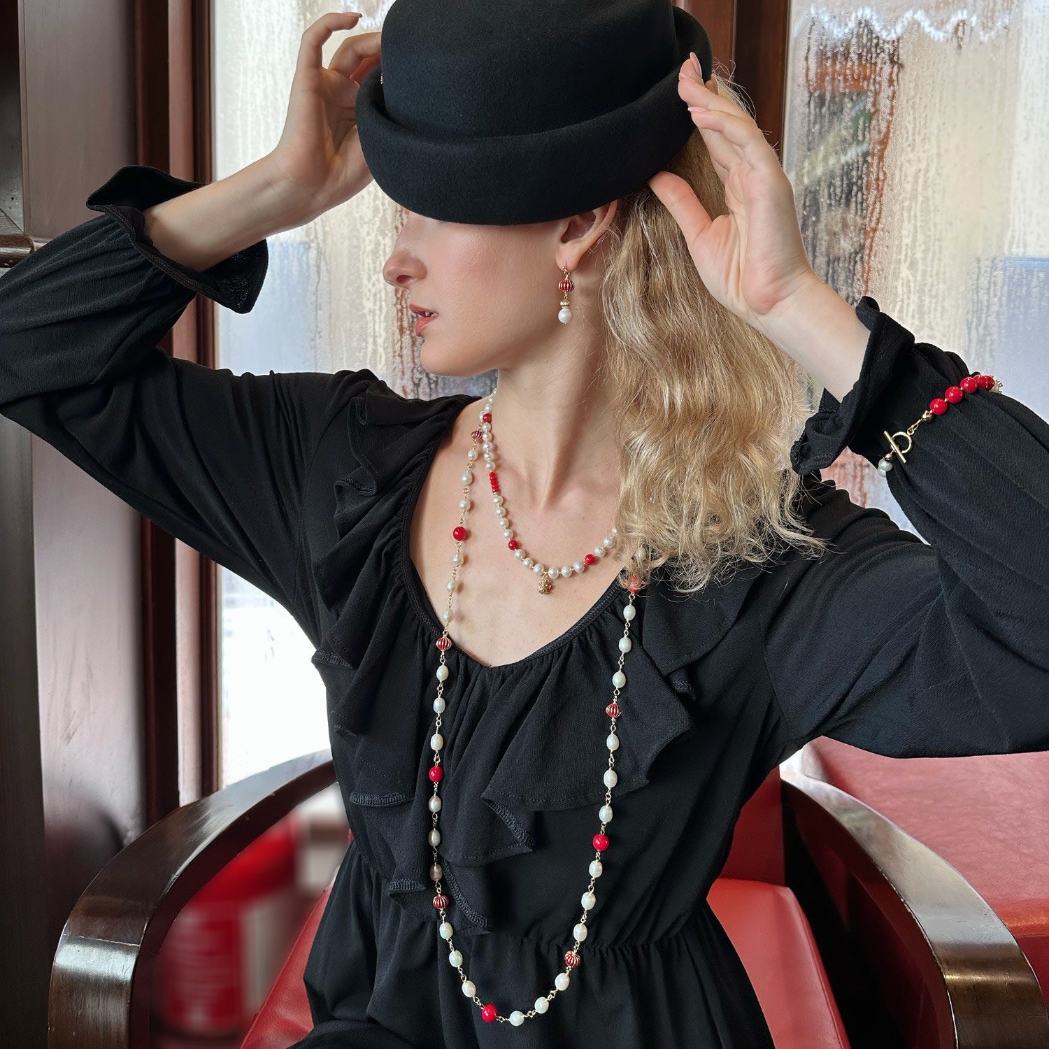 Red Bamboo Coral Freshwater Pearls Dangle Earrings