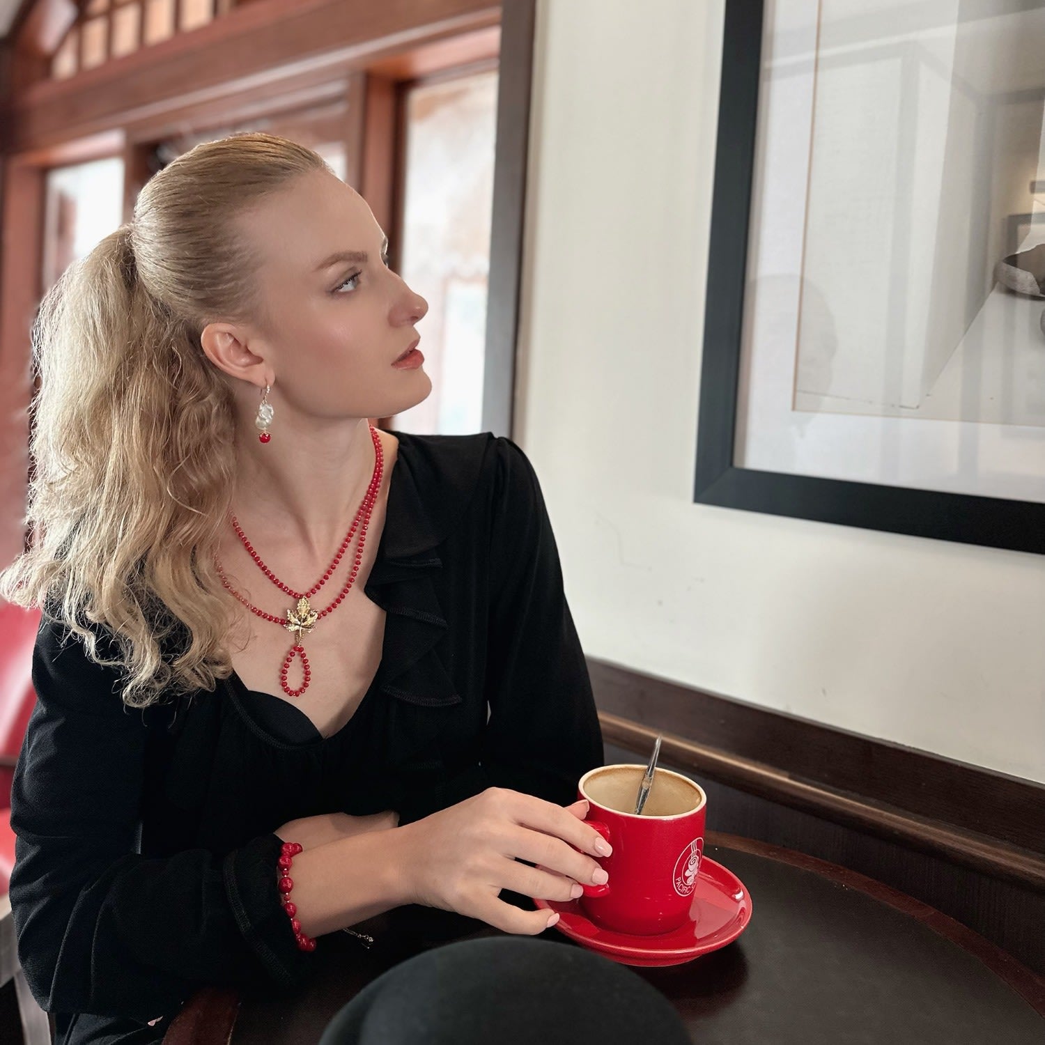 Red Bamboo Corals With Maple Leaf Pendant Necklace