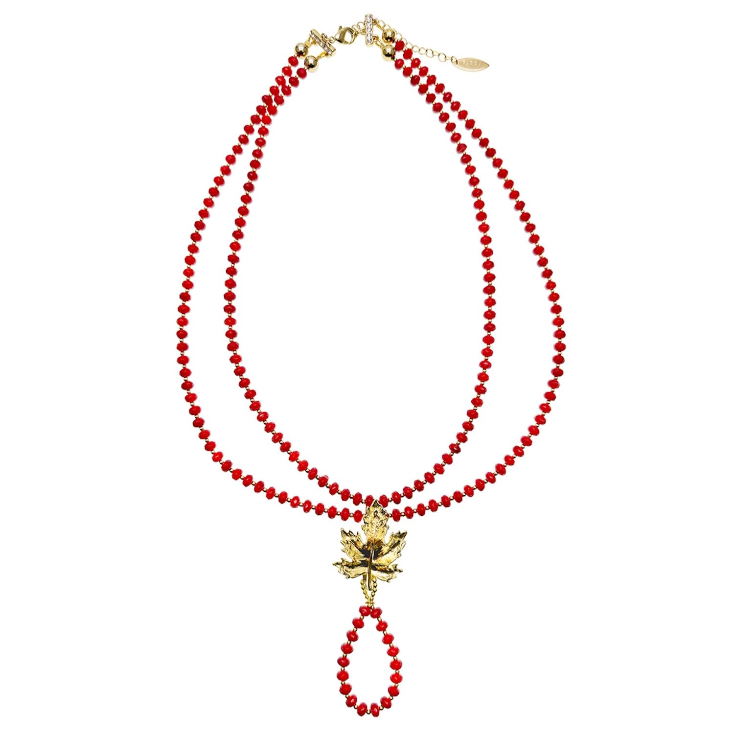 Red Bamboo Corals With Maple Leaf Pendant Necklace