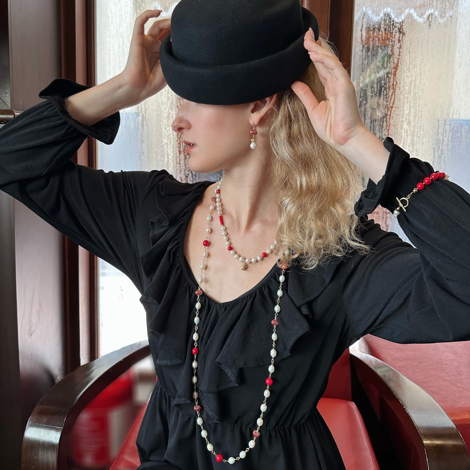 Red Coral And Freshwater Pearls With Chinese Lantern Station Necklace
