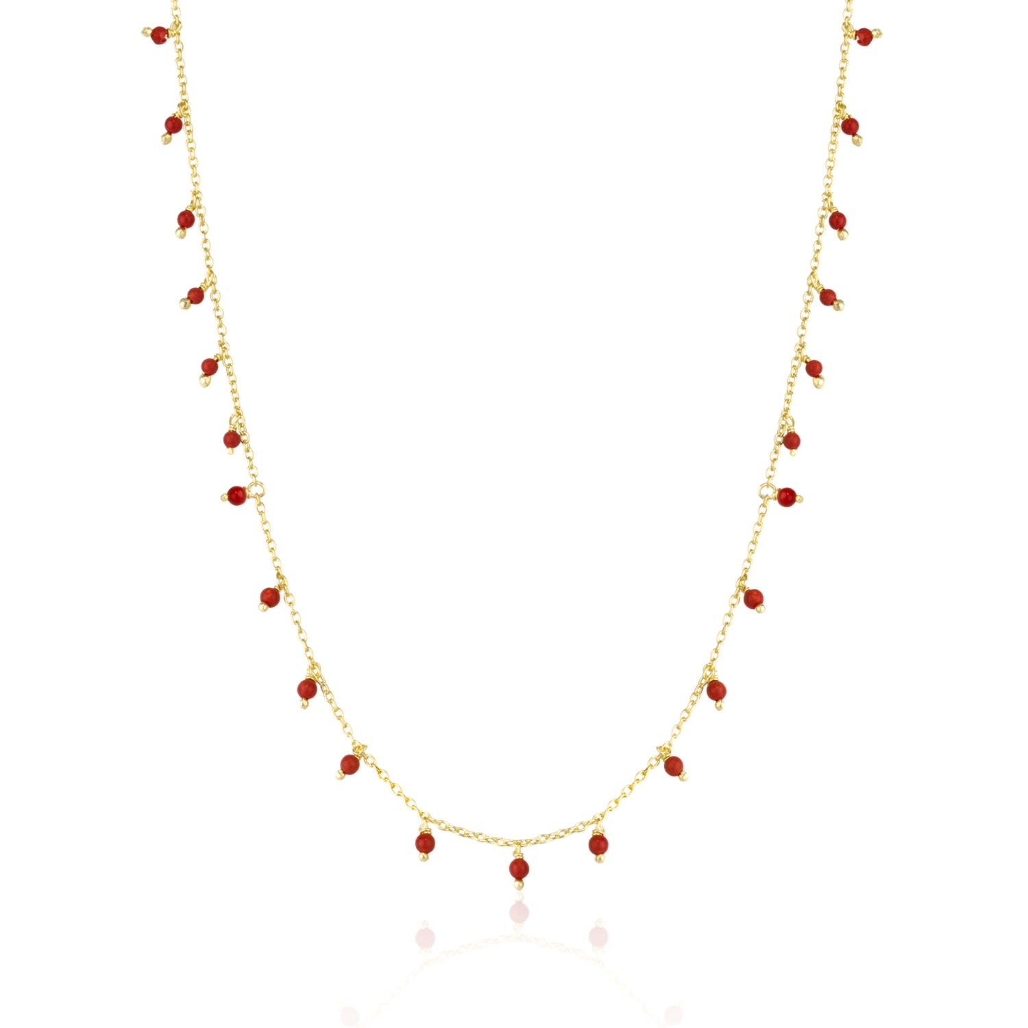 Red Coral Beaded Sterling Silver Chain Necklace - Gold