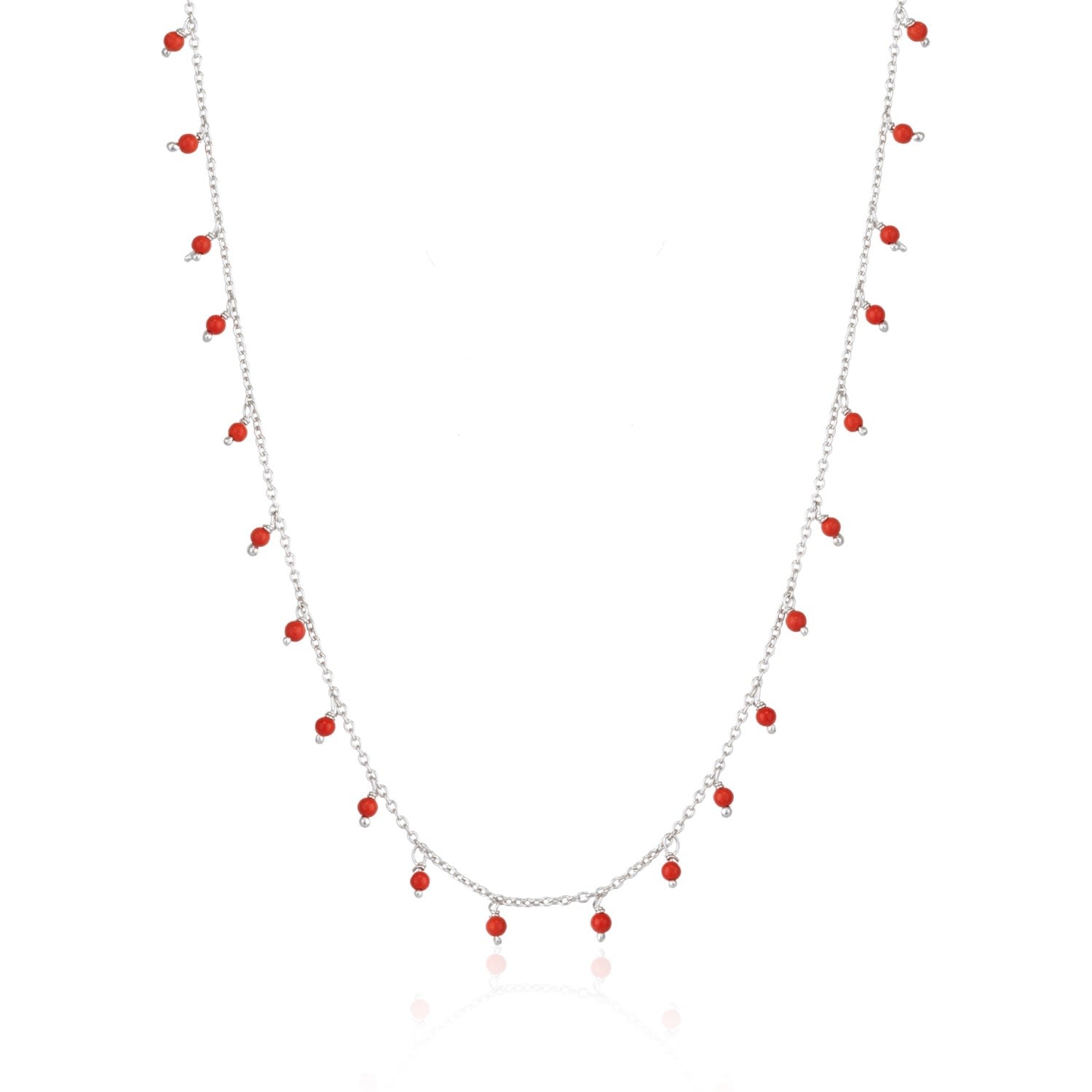 Red Coral Beaded Sterling Silver Chain Necklace - Silver