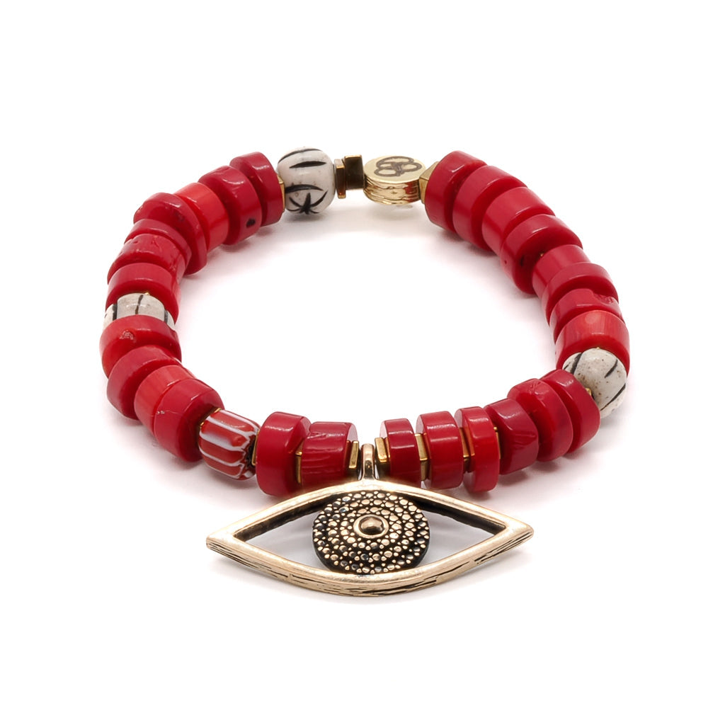 Red Coral Chunky Evil Eye Beaded Bracelet - Red