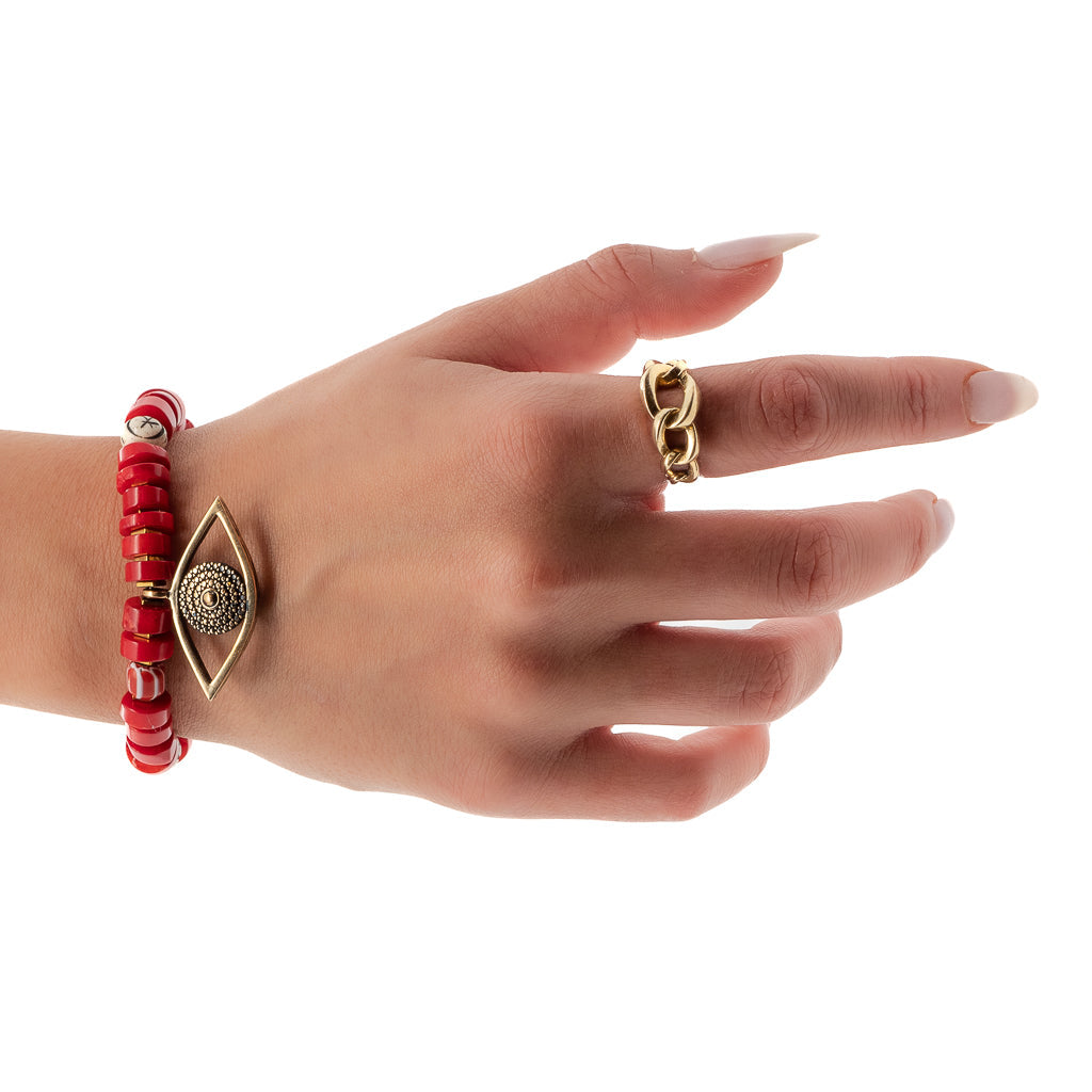 Red Coral Chunky Evil Eye Beaded Bracelet - Red